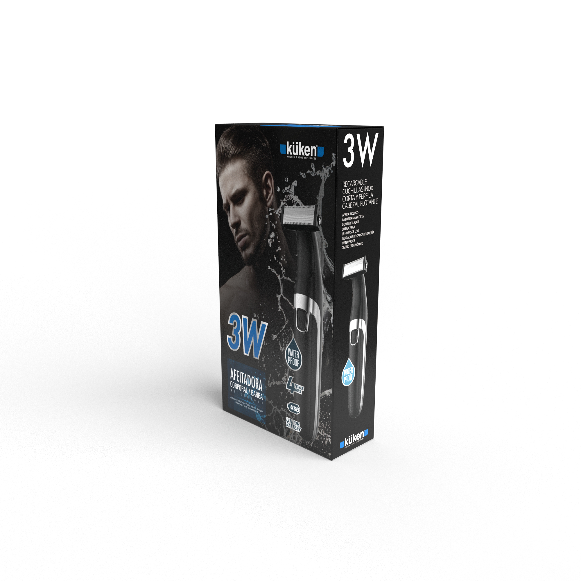 Caja de afeitadora eléctrica Kuken 3W, con la cara de un hombre y la afeitadora en la caja.