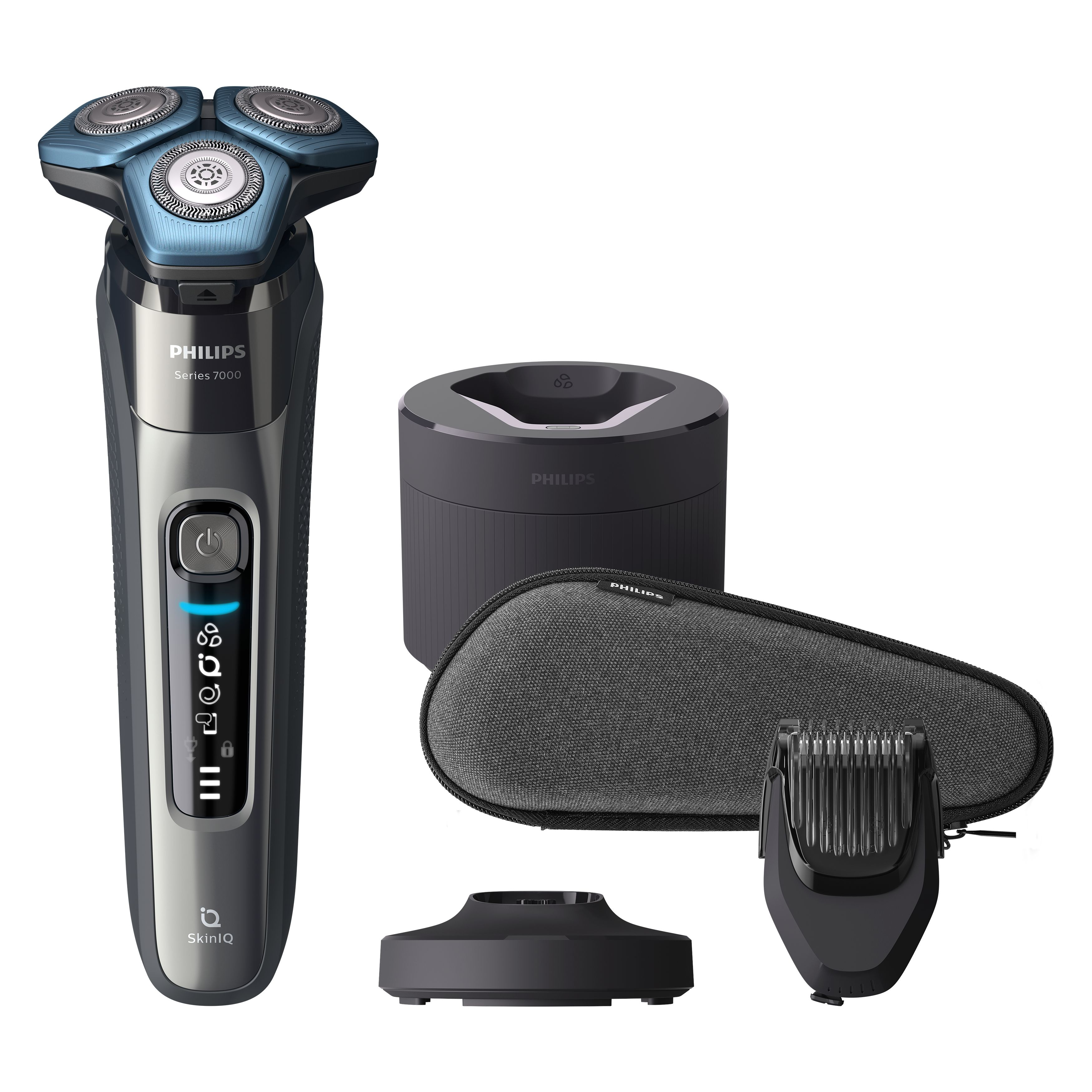Afeitadora Philips con accesorios sobre fondo blanco.