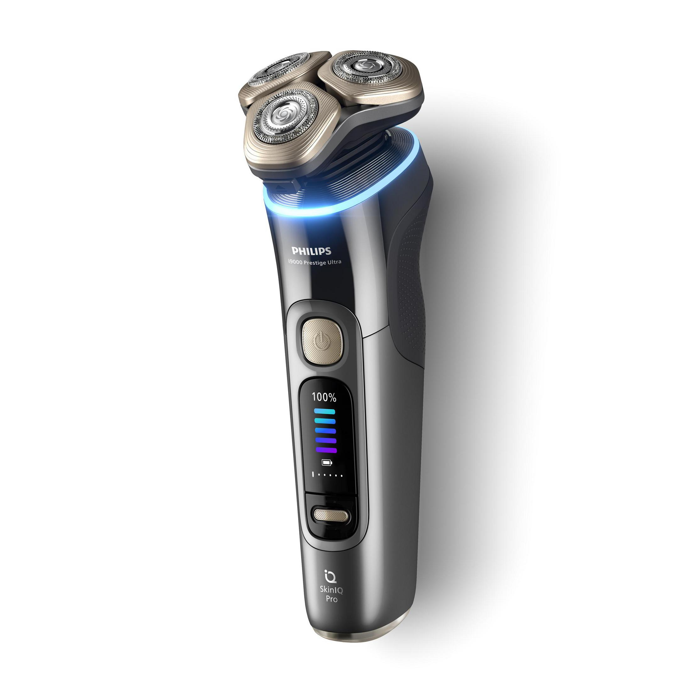 Rasoio Philips 9000 Prestige Ultra. Con testine dorate, pulsante di accensione e indicatori batteria/alimentazione. Grigio e oro.