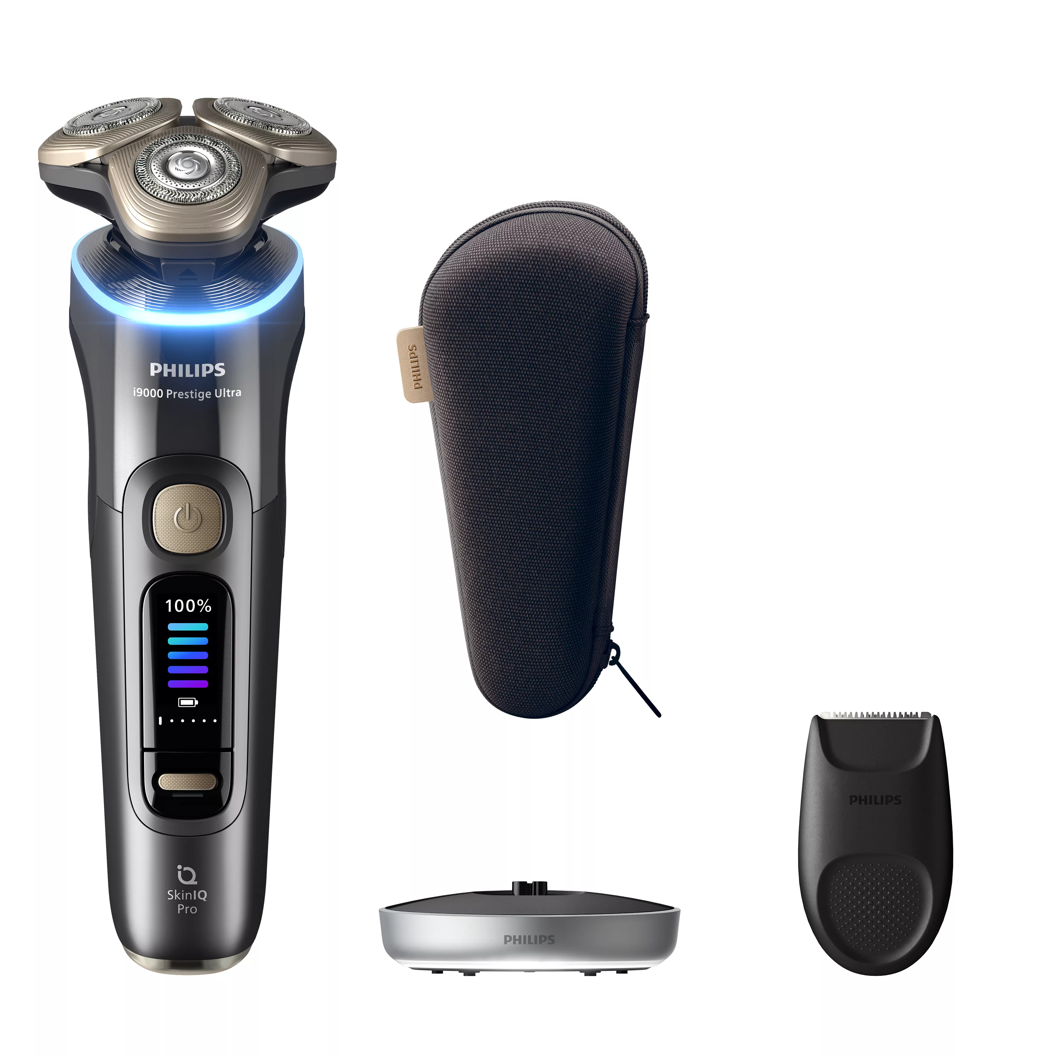 Rasoio Philips 9000 Prestige Ultra, nero e oro, con accessori: custodia, rifinitore e caricatore.