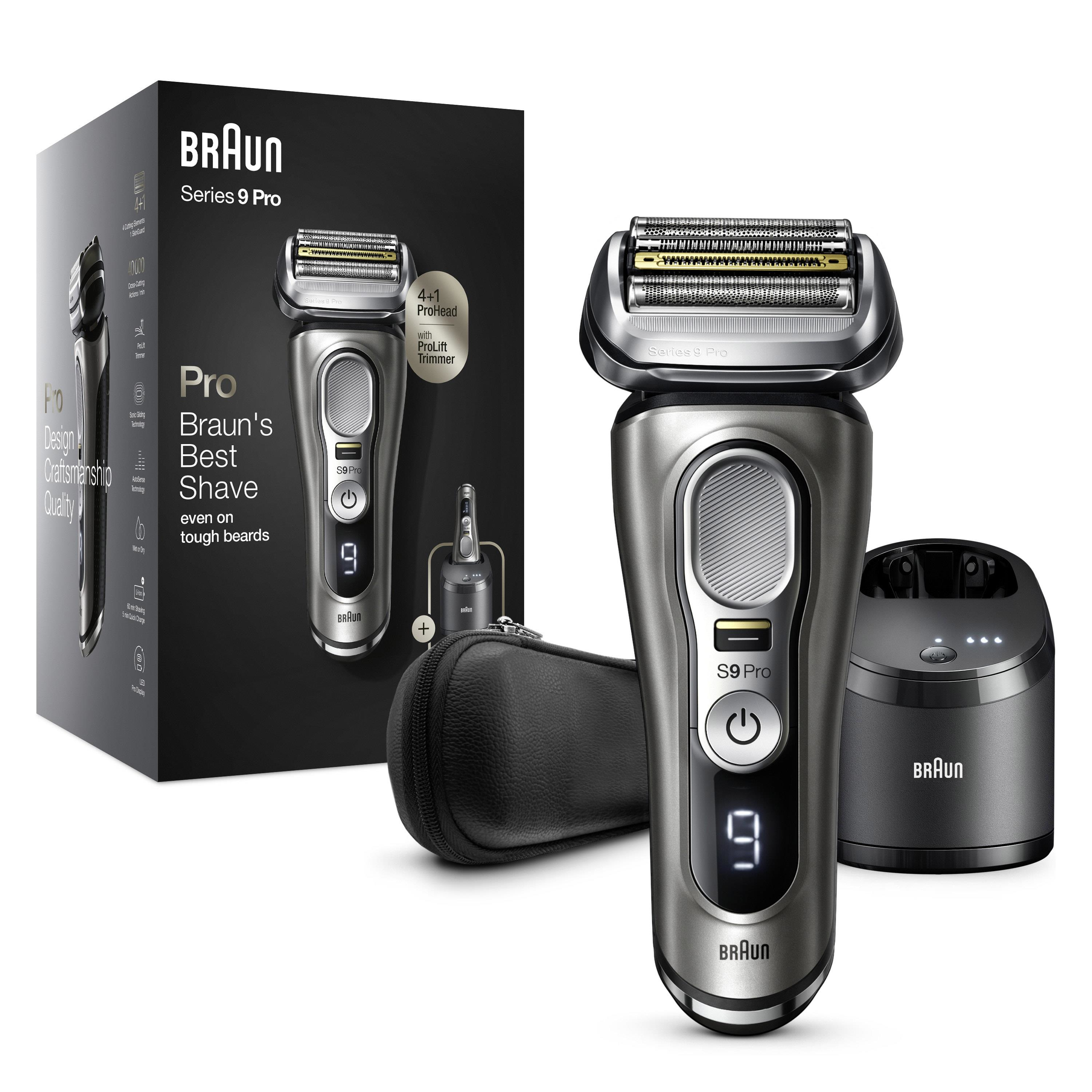 Braun Series 9 Pro elektrikli tıraş makinesi, kutu, kılıf ve şarj istasyonu.