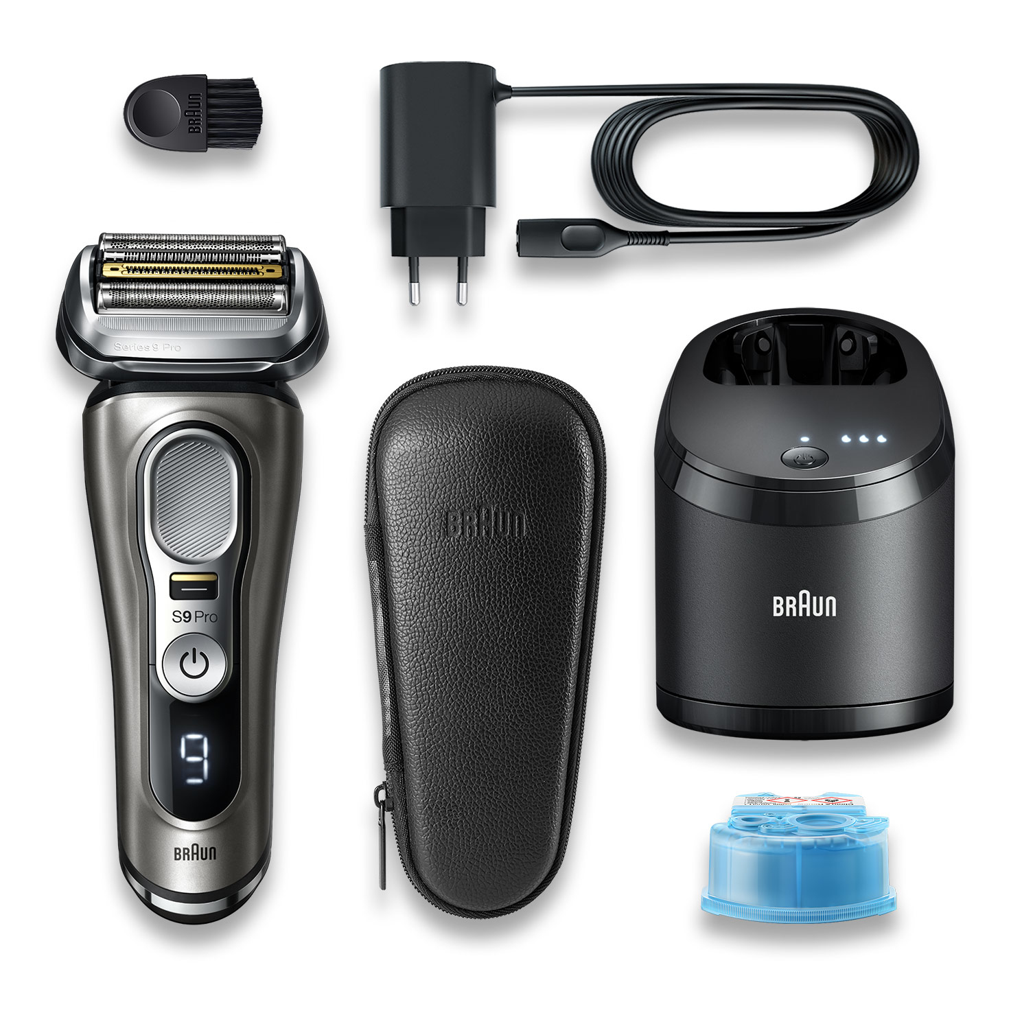 Braun Series 9 Pro tıraş makinesi ve aksesuarları: şarj cihazı, seyahat çantası, temizleme kartuşu ve güç adaptörü.