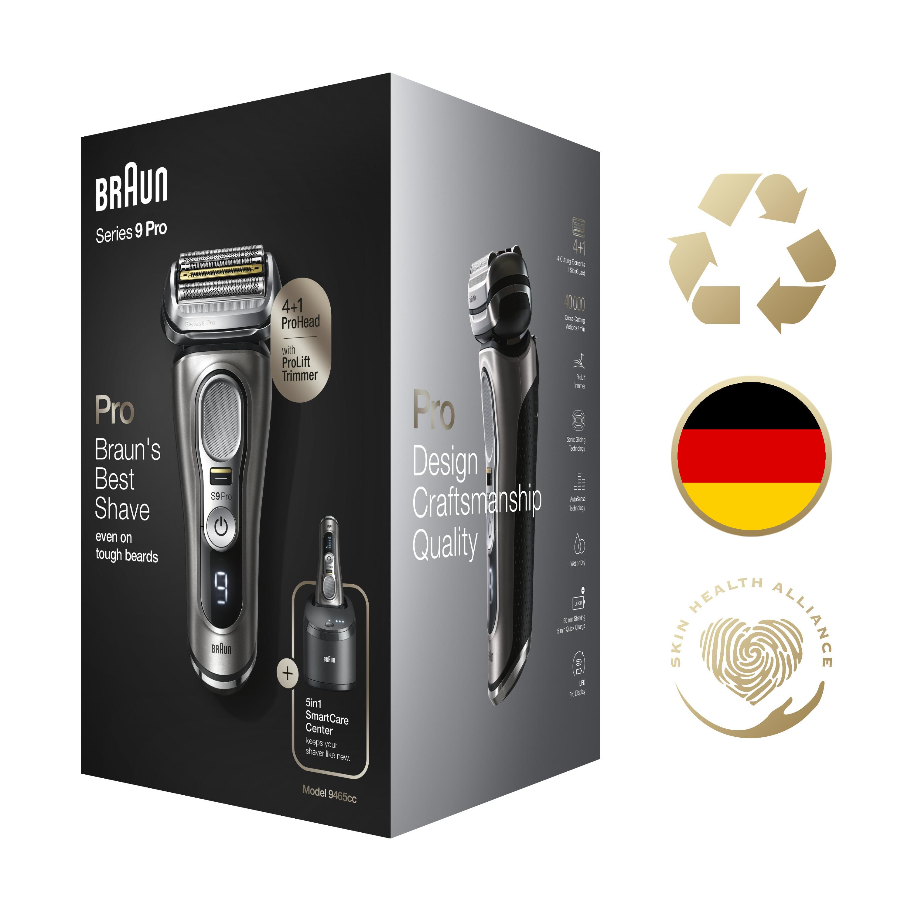 Braun Series 9 Pro tıraş makinesi kutusu, tıraş makinesi ve Skin Health logosu.