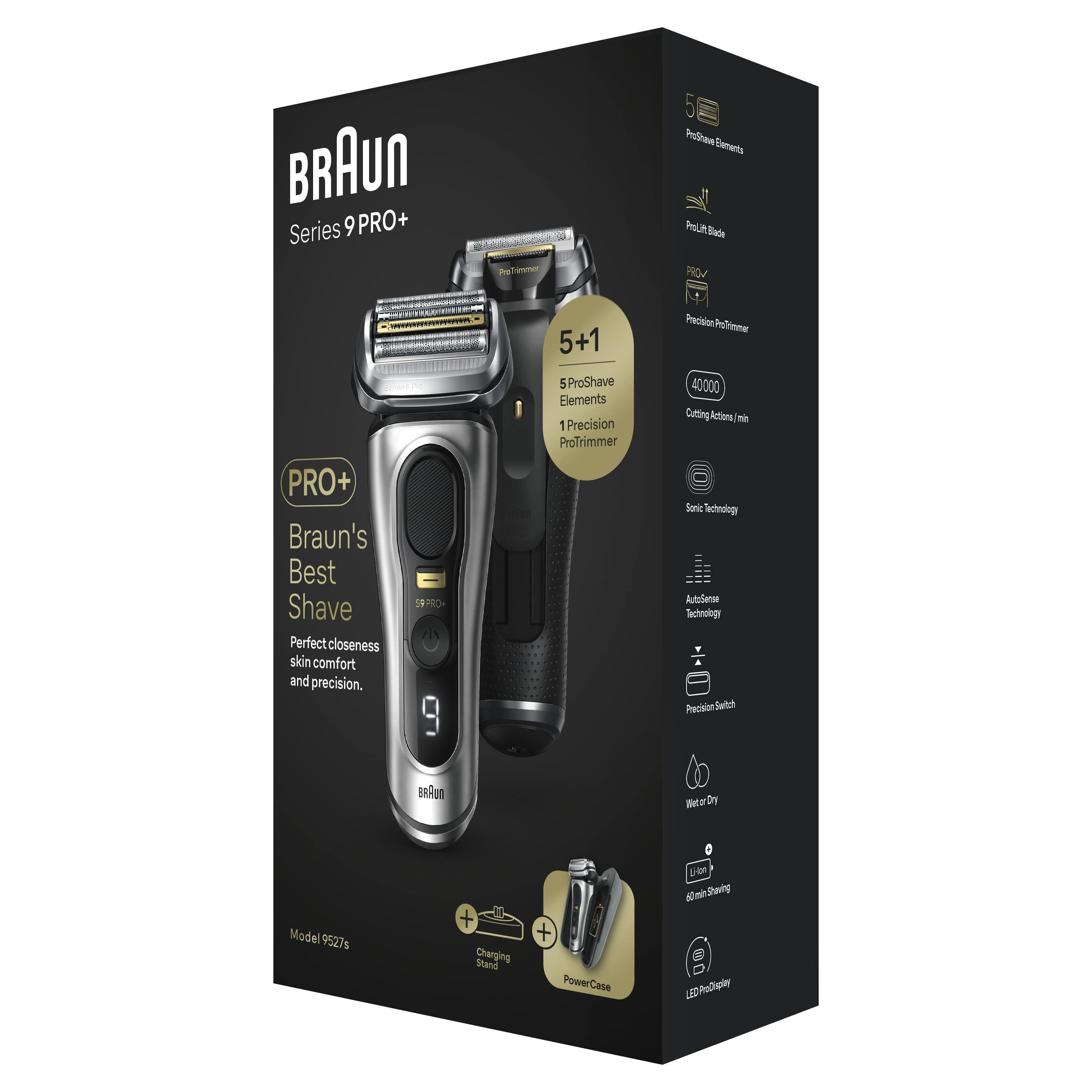 Scatola del rasoio Braun Series 9 Pro+. Include rasoio e un display delle funzioni. Schema di colori nero, argento e bianco.