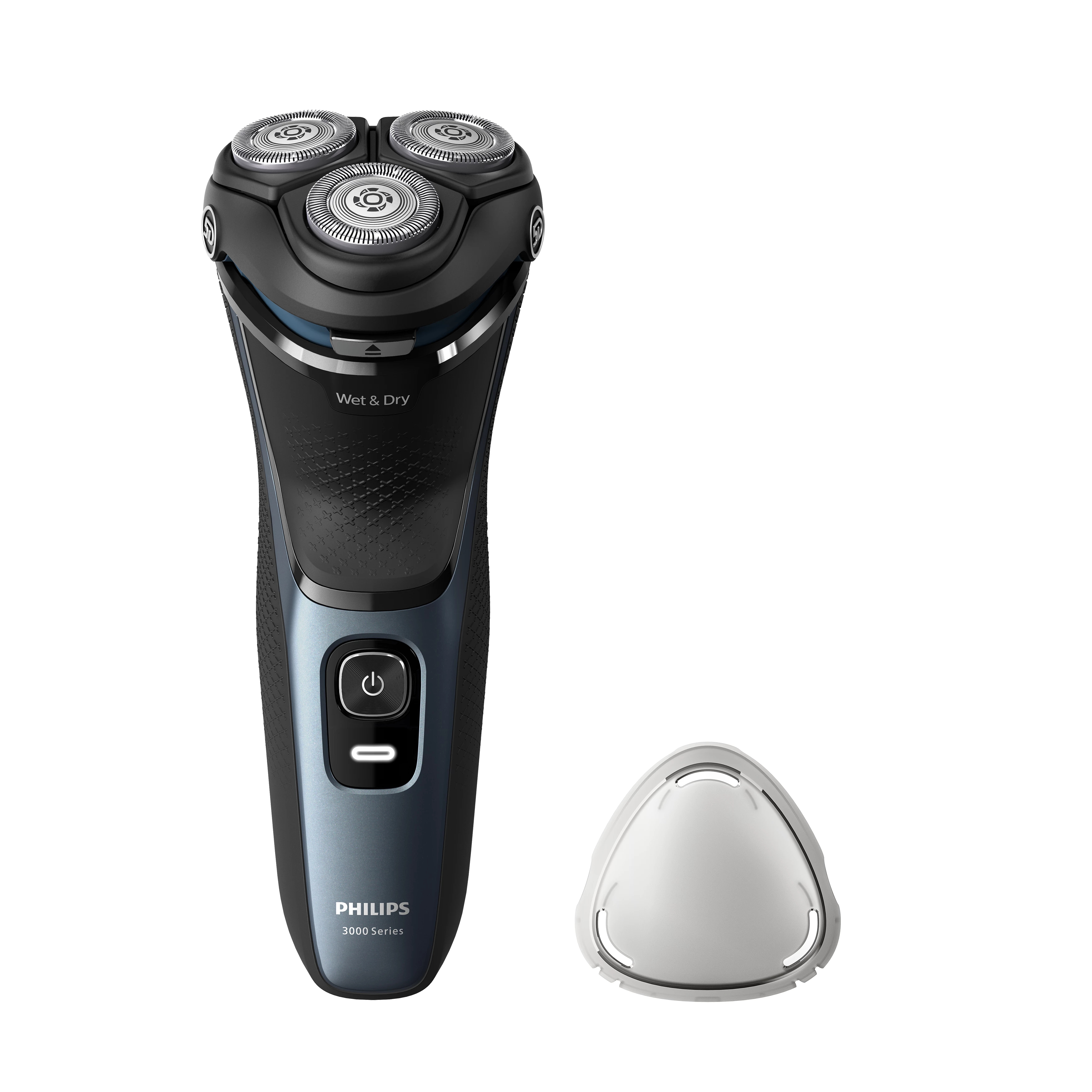 Czarna i niebieska golarka Philips 3000 Series, biały trymer, białe tło.
