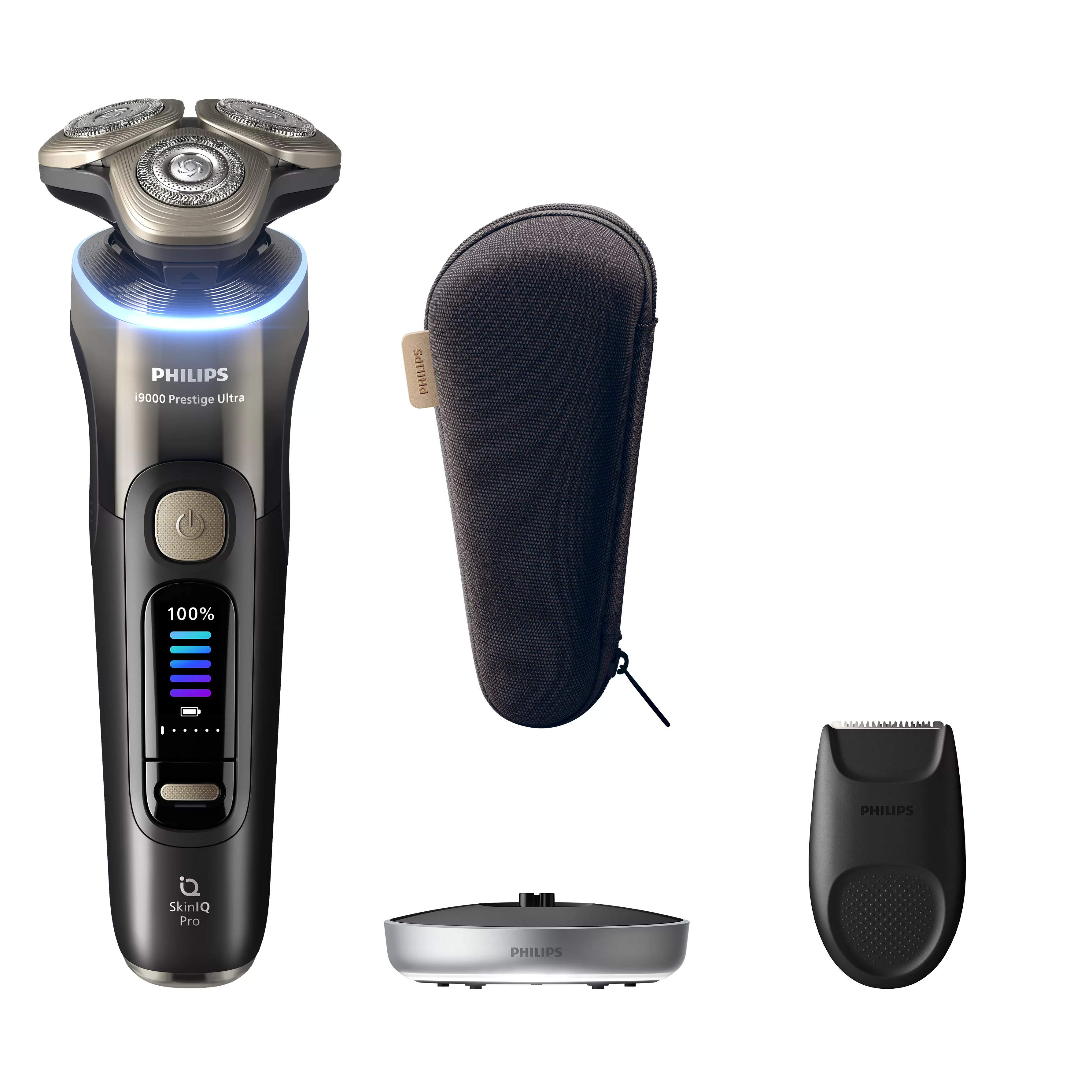 Afeitadora Philips 19000 Prestige Ultra negra con estuche, base de carga y recortador.
