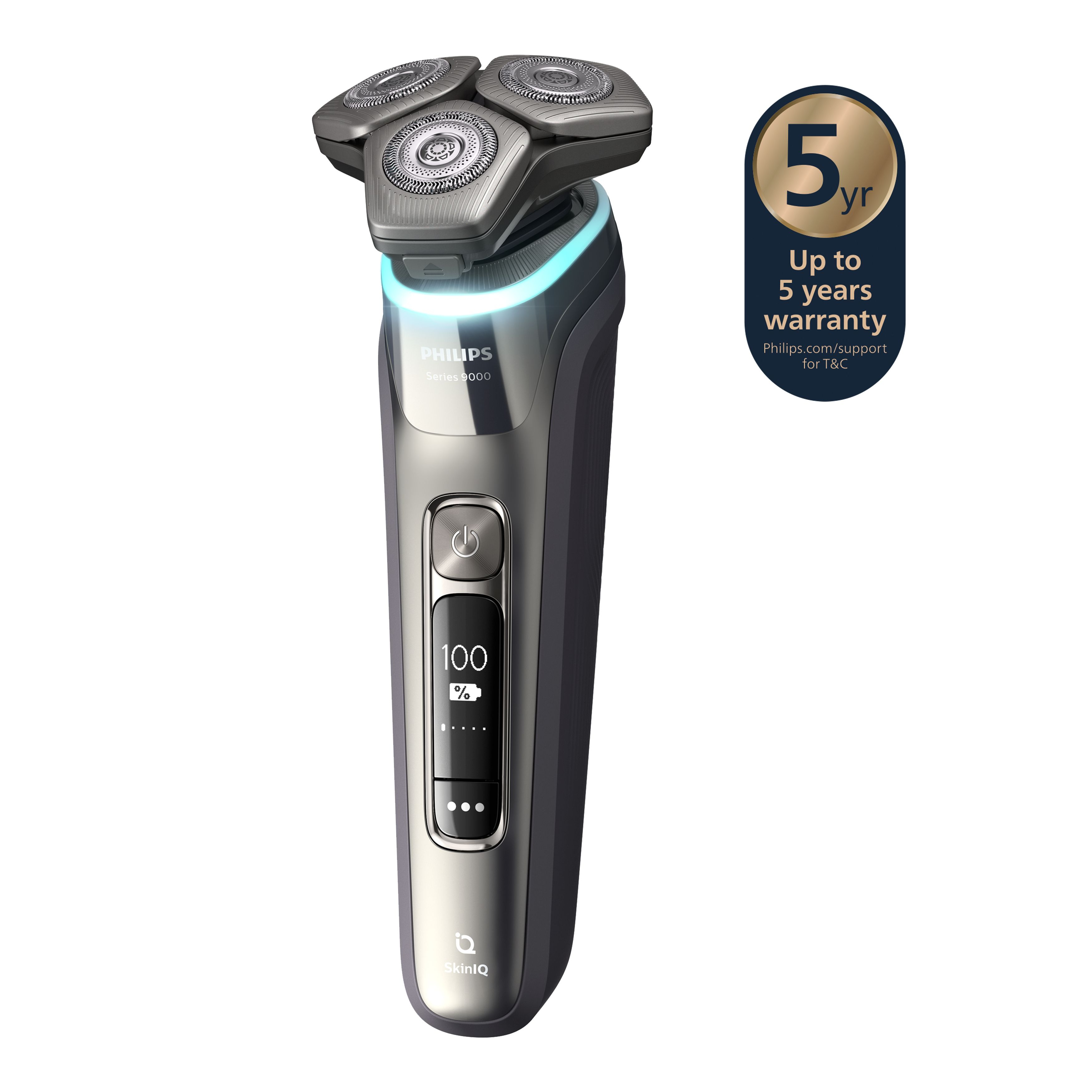 Rasoir Philips gris avec étui noir et avis de garantie.