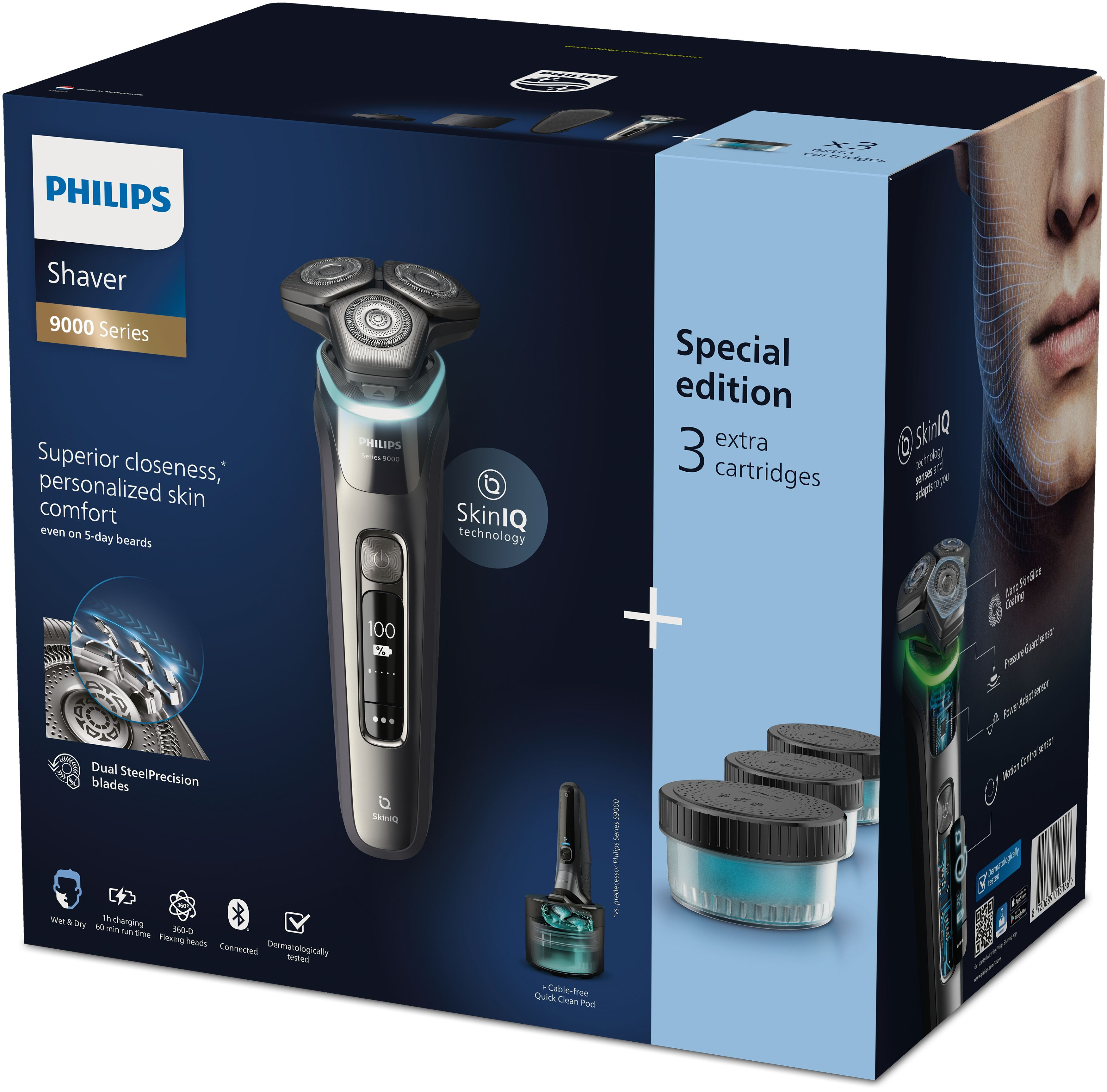 Boîte de rasoir Philips avec un rasoir, des cartouches et des fonctionnalités affichées.