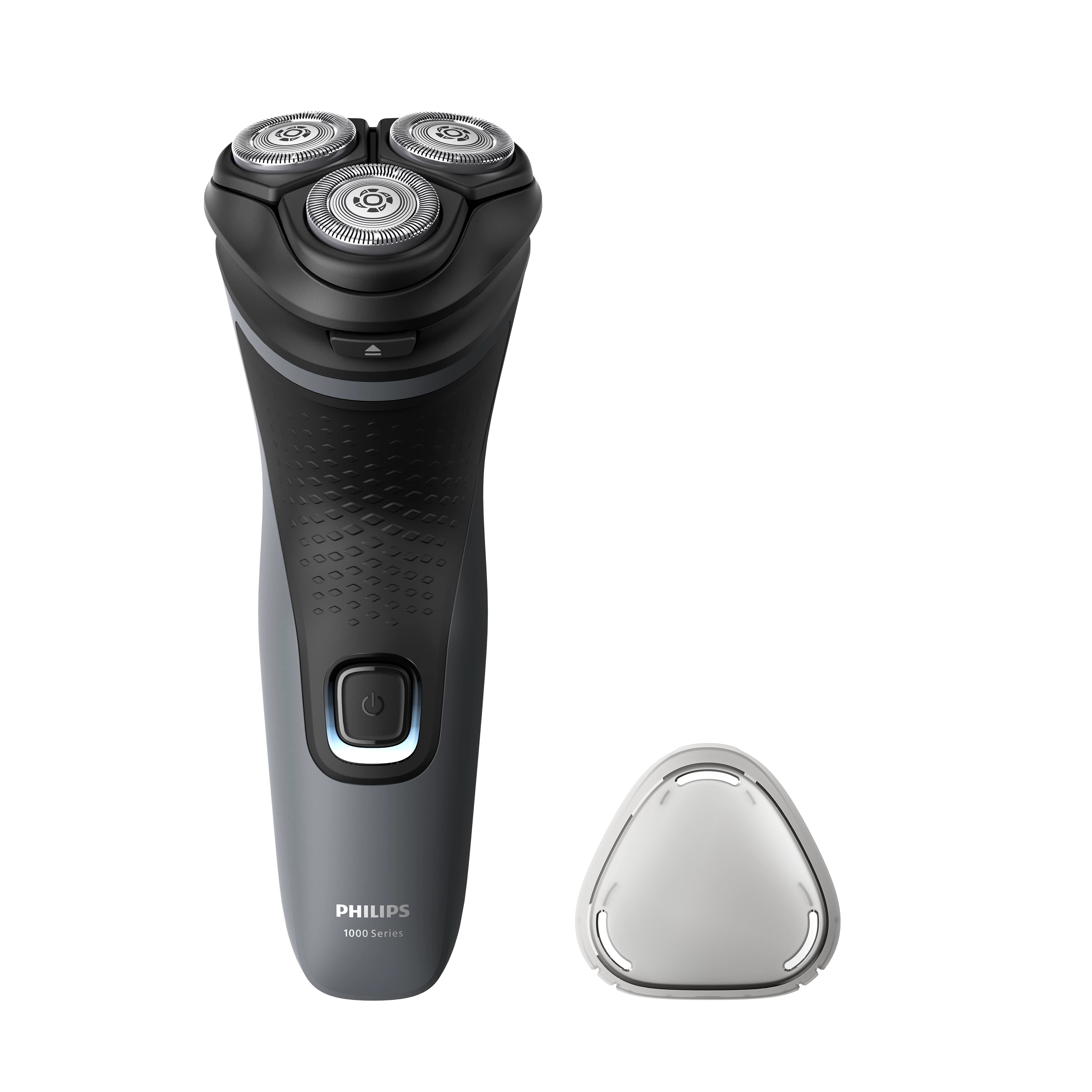 Afeitadora Philips Serie 1000 y cabezal de limpieza. Es negra y gris, con cabezal blanco.