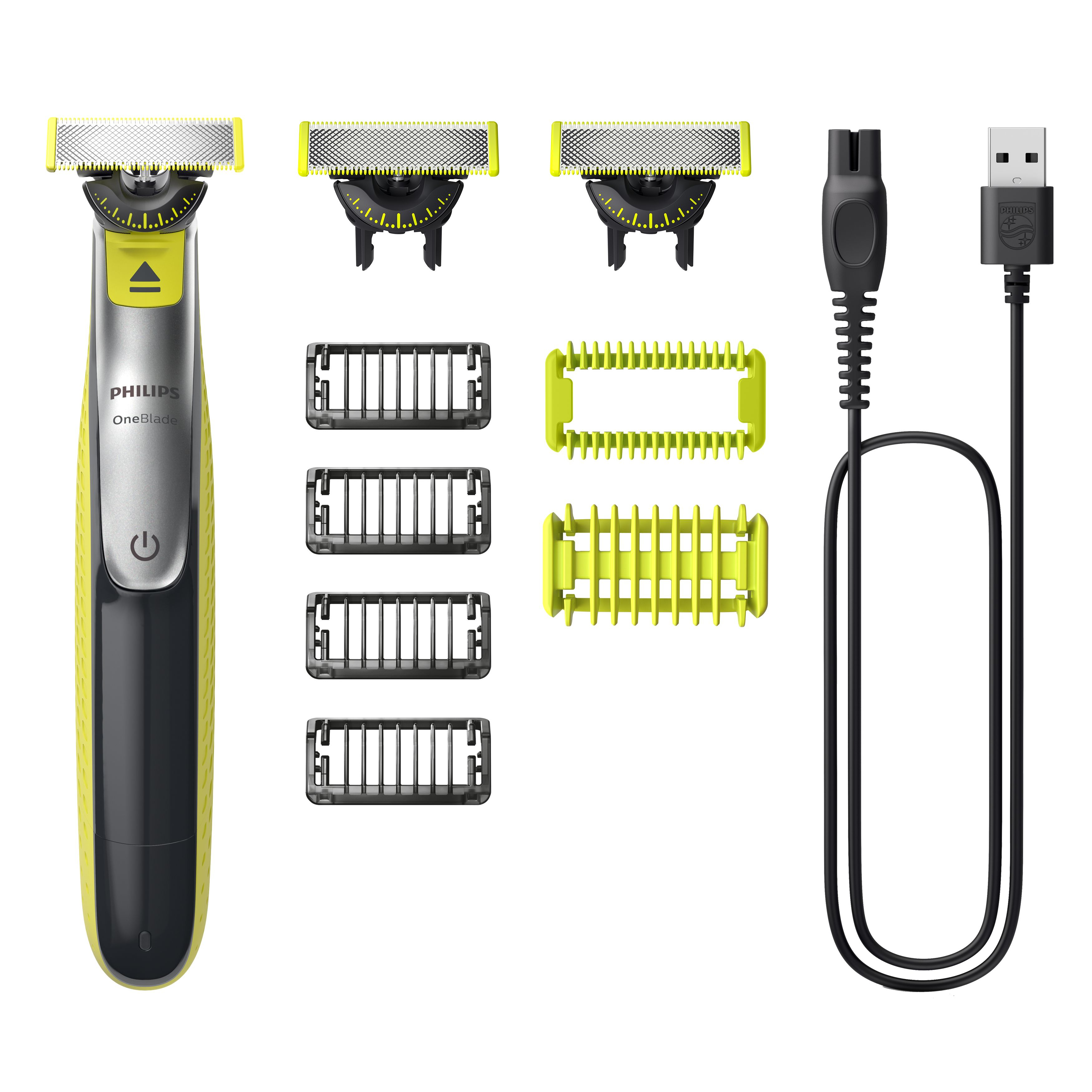 Philips OneBlade mit Zubehör: Klingen, Kämme und Ladekabel. Alles in Gelb und Schwarz.