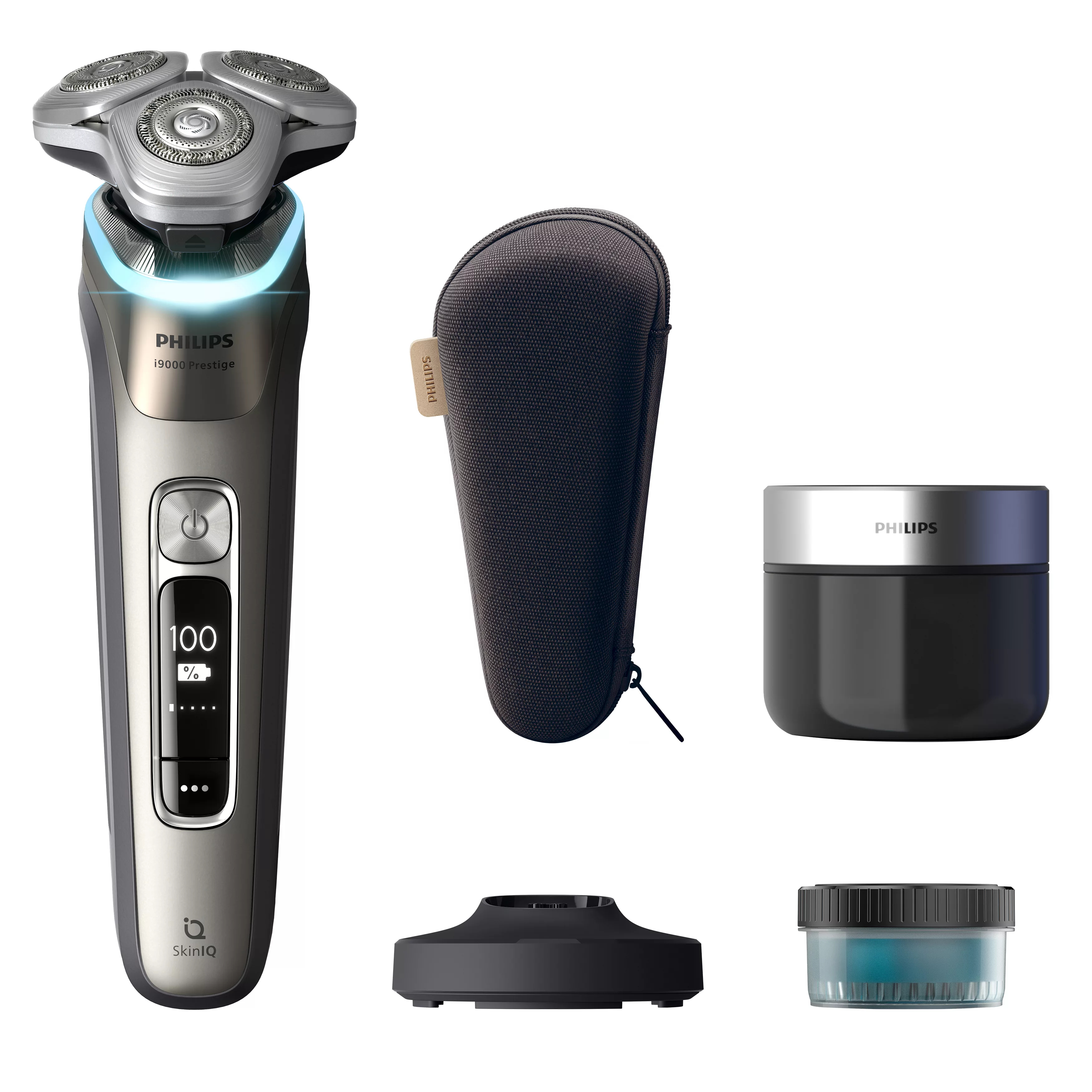 Schwarzer Philips S9000 Prestige Rasierer mit Zubehör auf weißem Untergrund.