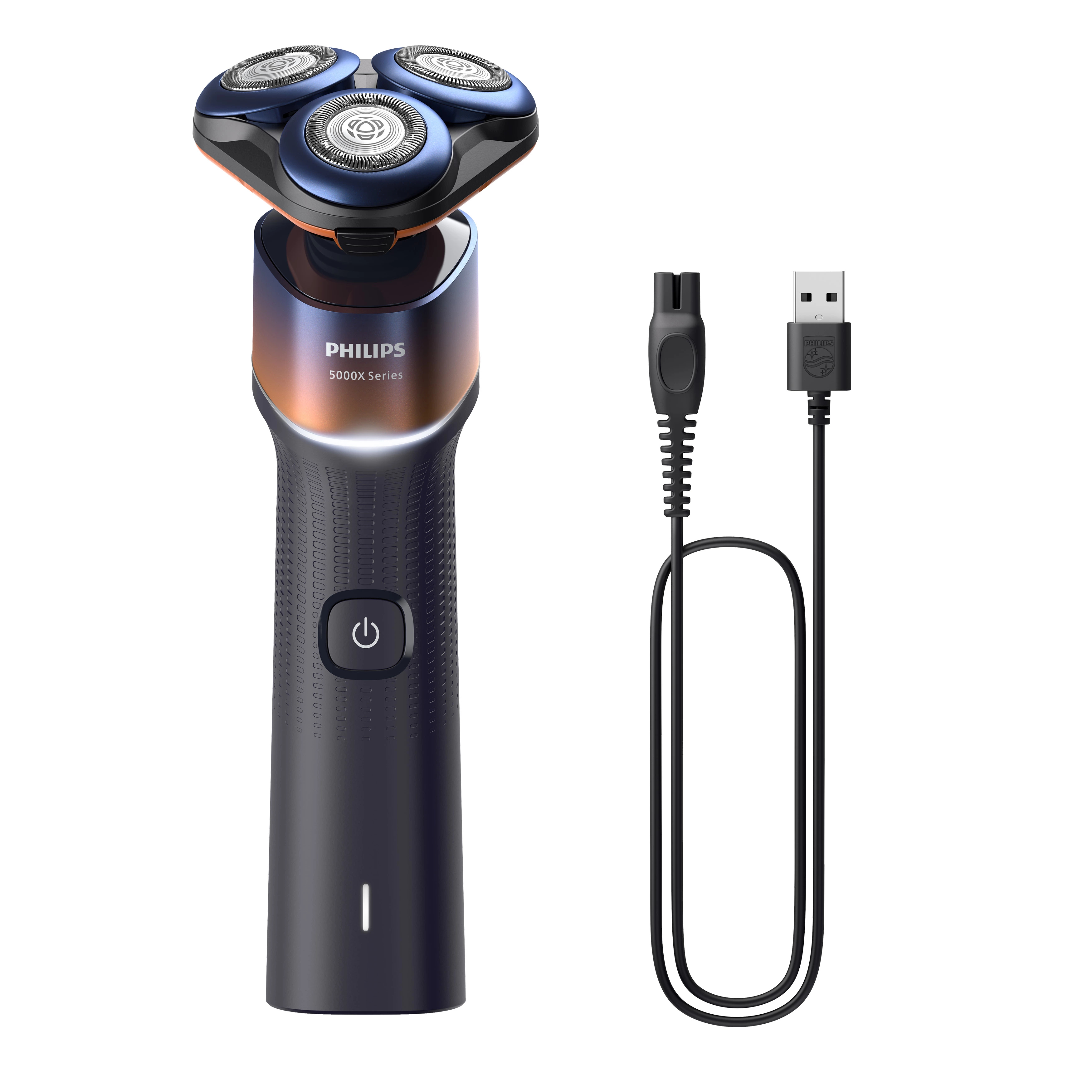 Un rasoir électrique Philips série 5000X avec un câble USB est montré.
