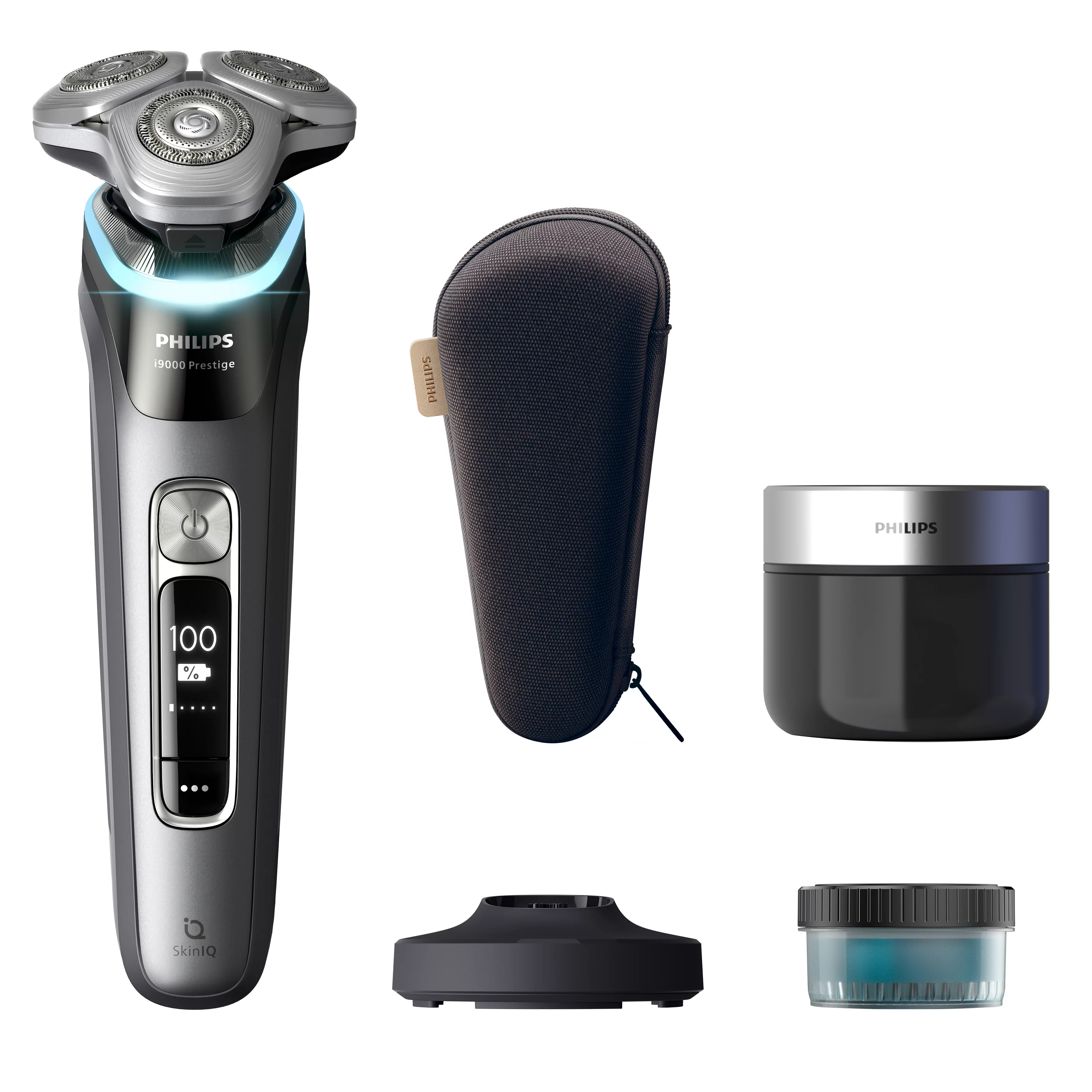 Rasoio Philips argento con accessori: custodia, trimmer, barattolo pulizia e base.