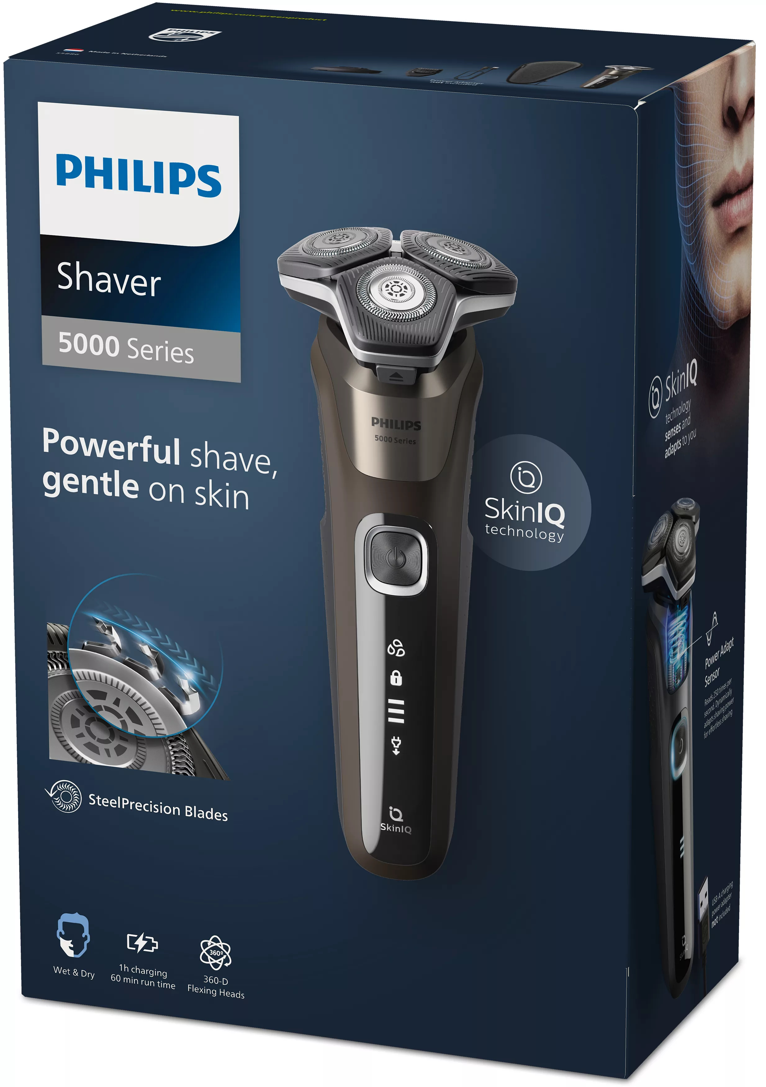 Pudełko Philips Shaver 5000 Series, pokazujące golarkę i jej funkcje, na ciemnoniebieskim tle.