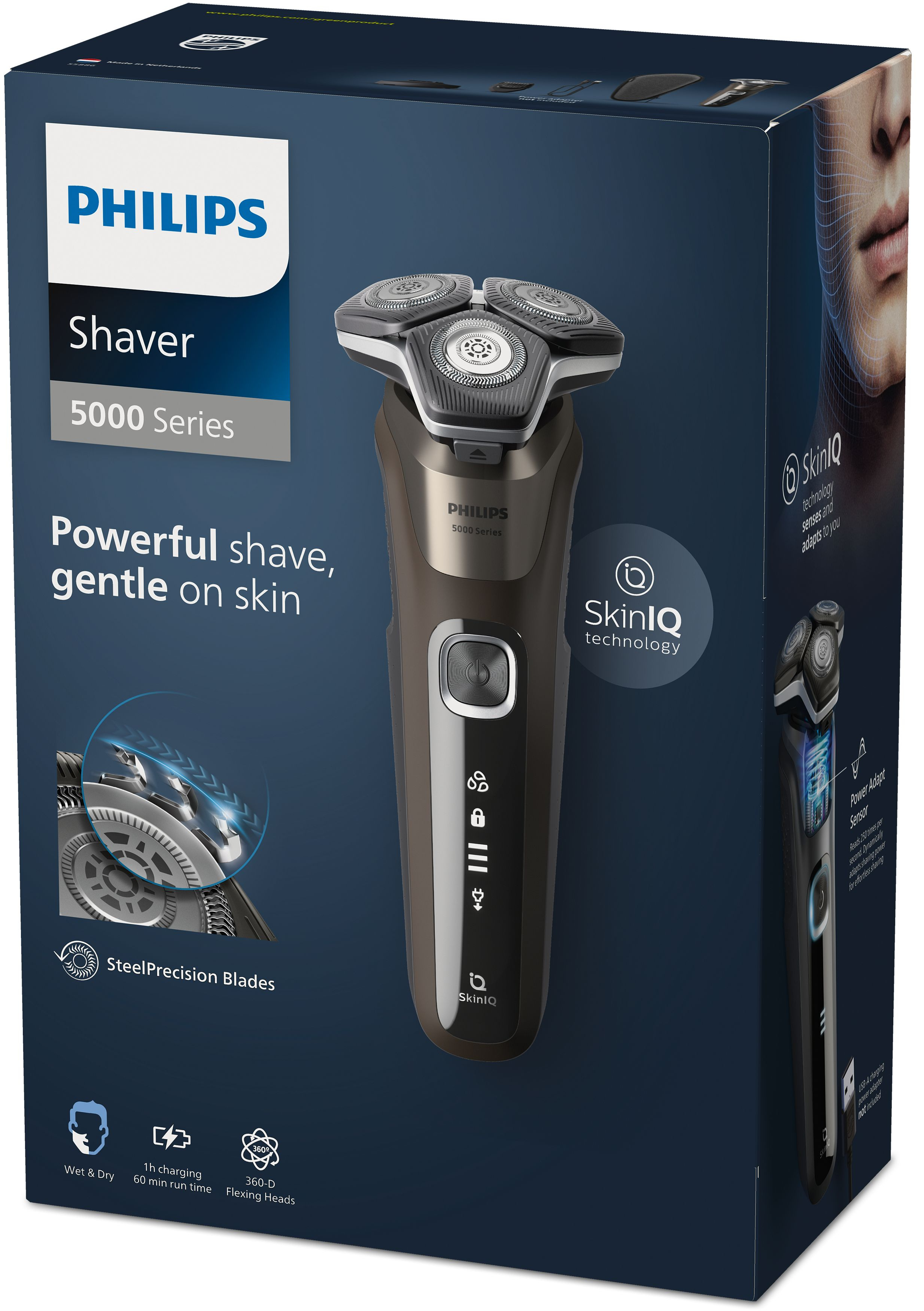 Pudełko golarki Philips 5000 Series. Czarno-brązowa golarka, SkinIQ, Wet & Dry, ostrza SteelPrecision.