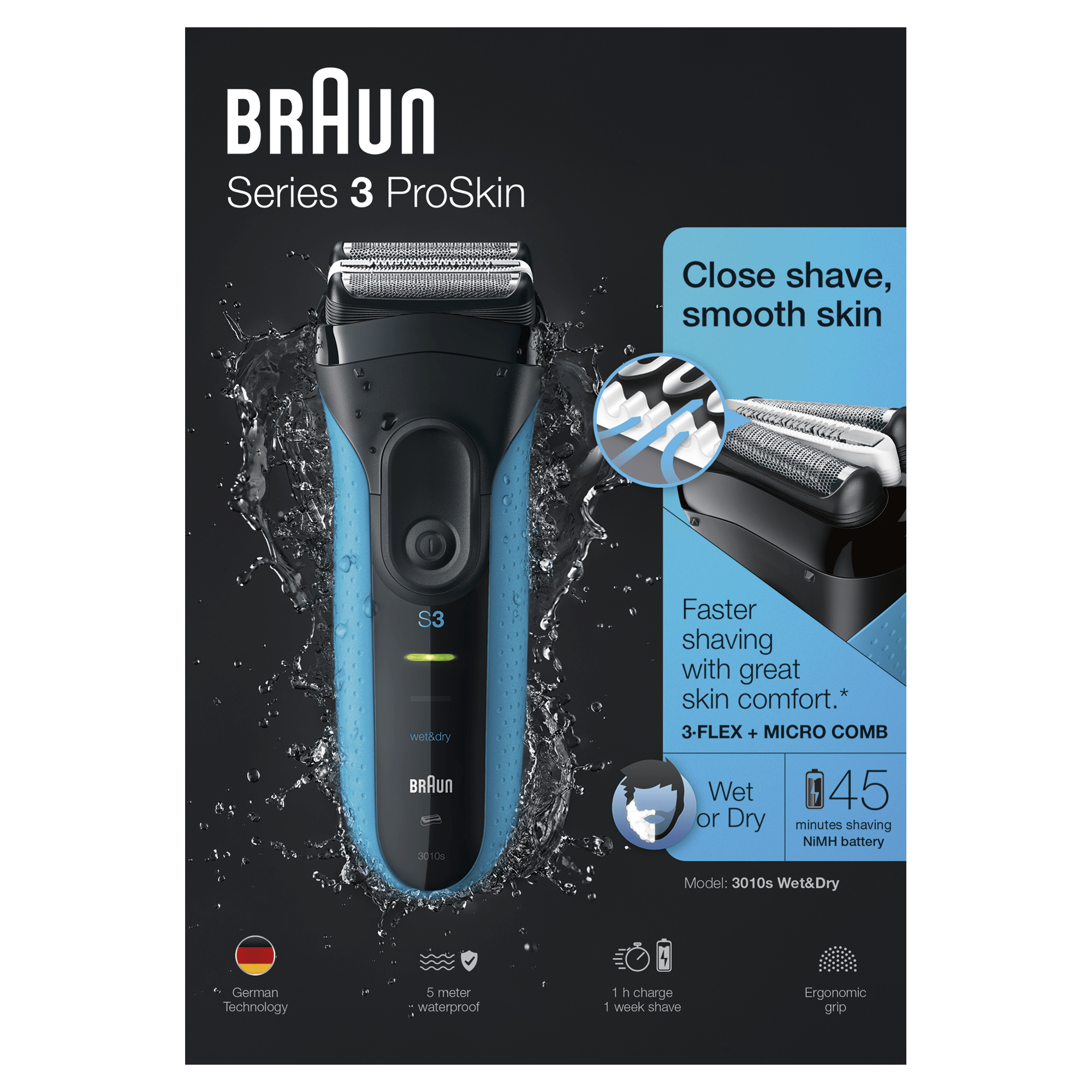 Reklama Braun Series 3 ProSkin z golarką w wodzie. Pokazuje cechy i zalety.