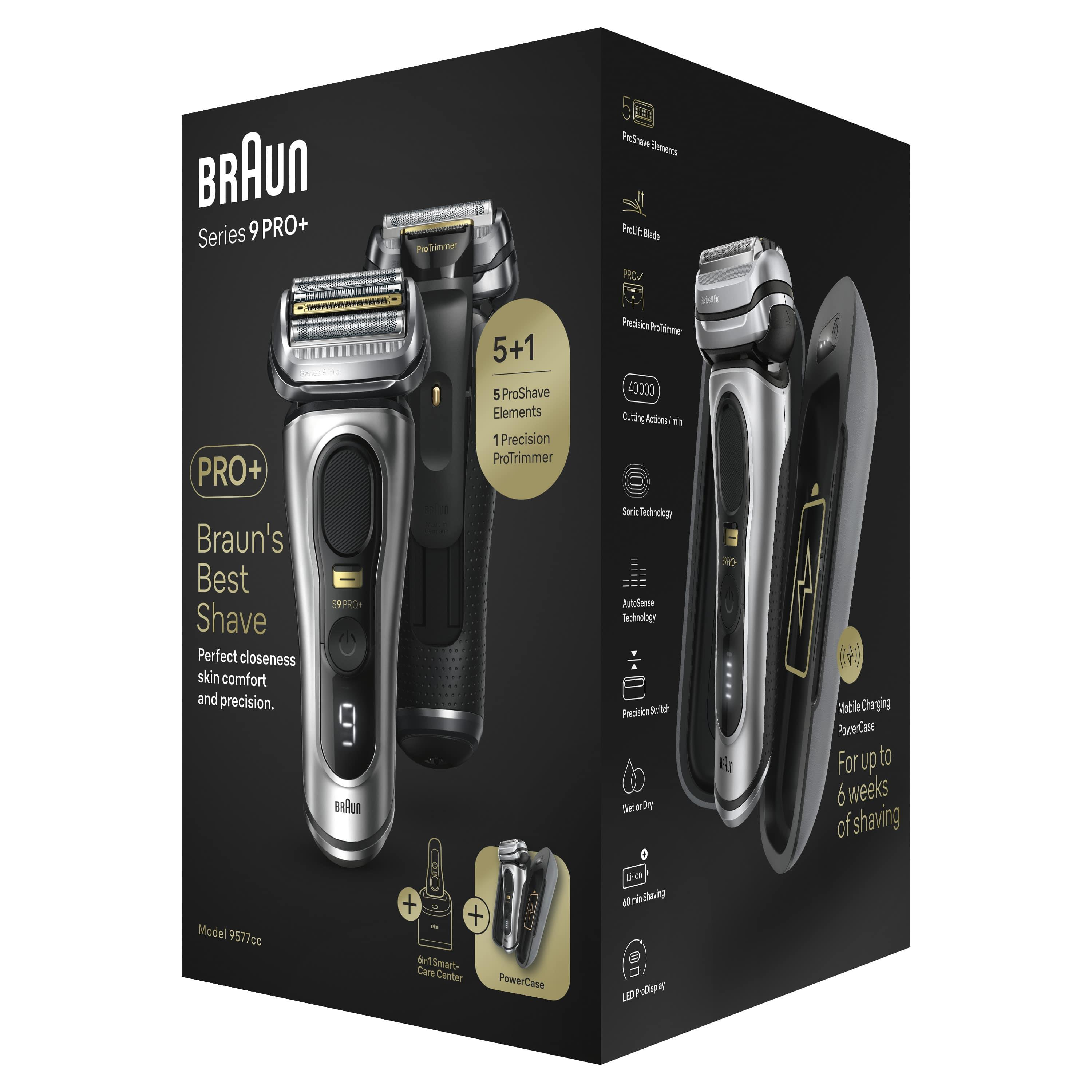 Kutuda Braun Series 9 Pro+ elektrikli tıraş makinesi. Metin: Braun'un En İyi Tıraşı.