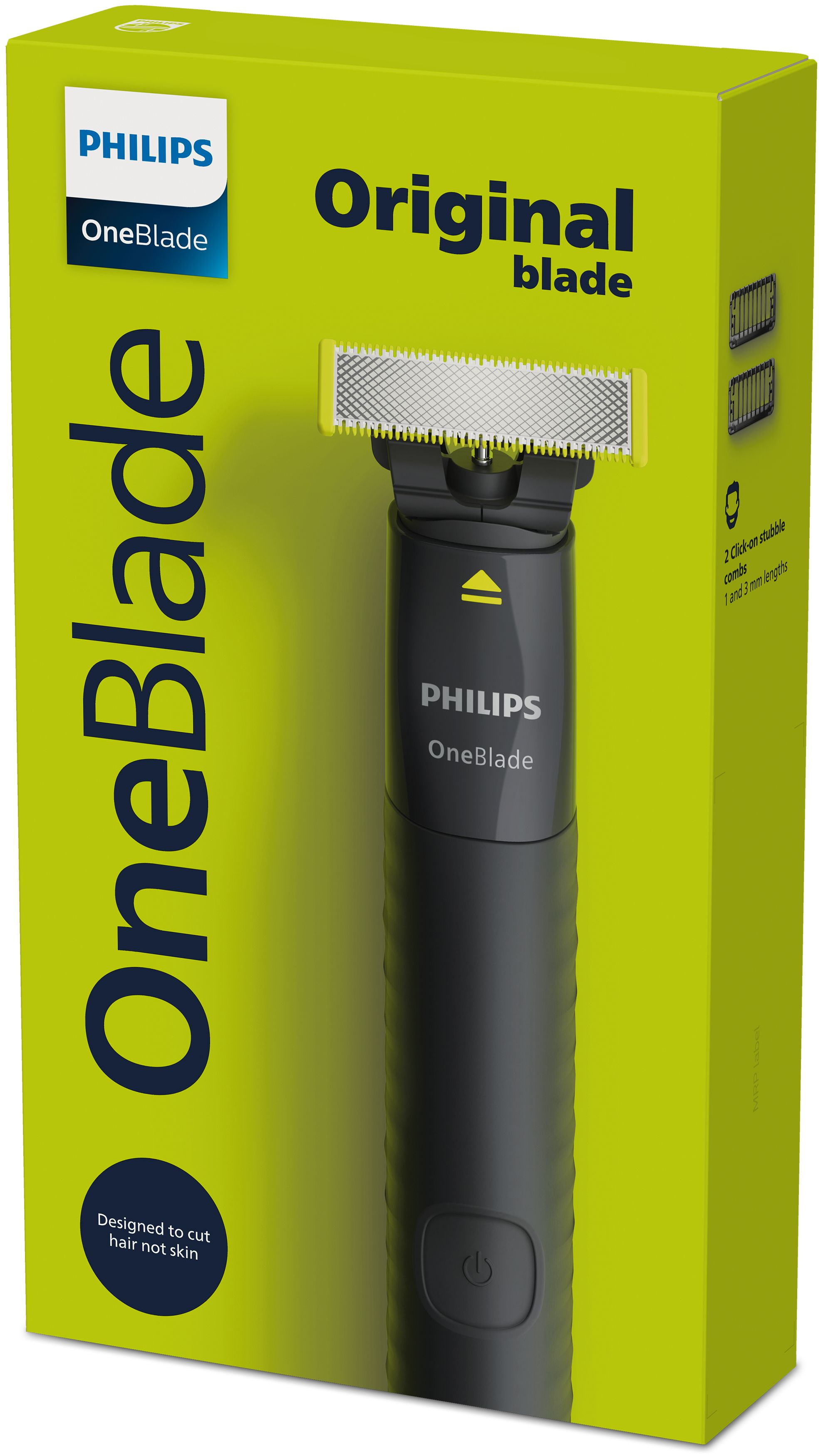 Philips OneBlade en caja verde. Texto: Diseñado para cortar vello, no piel.