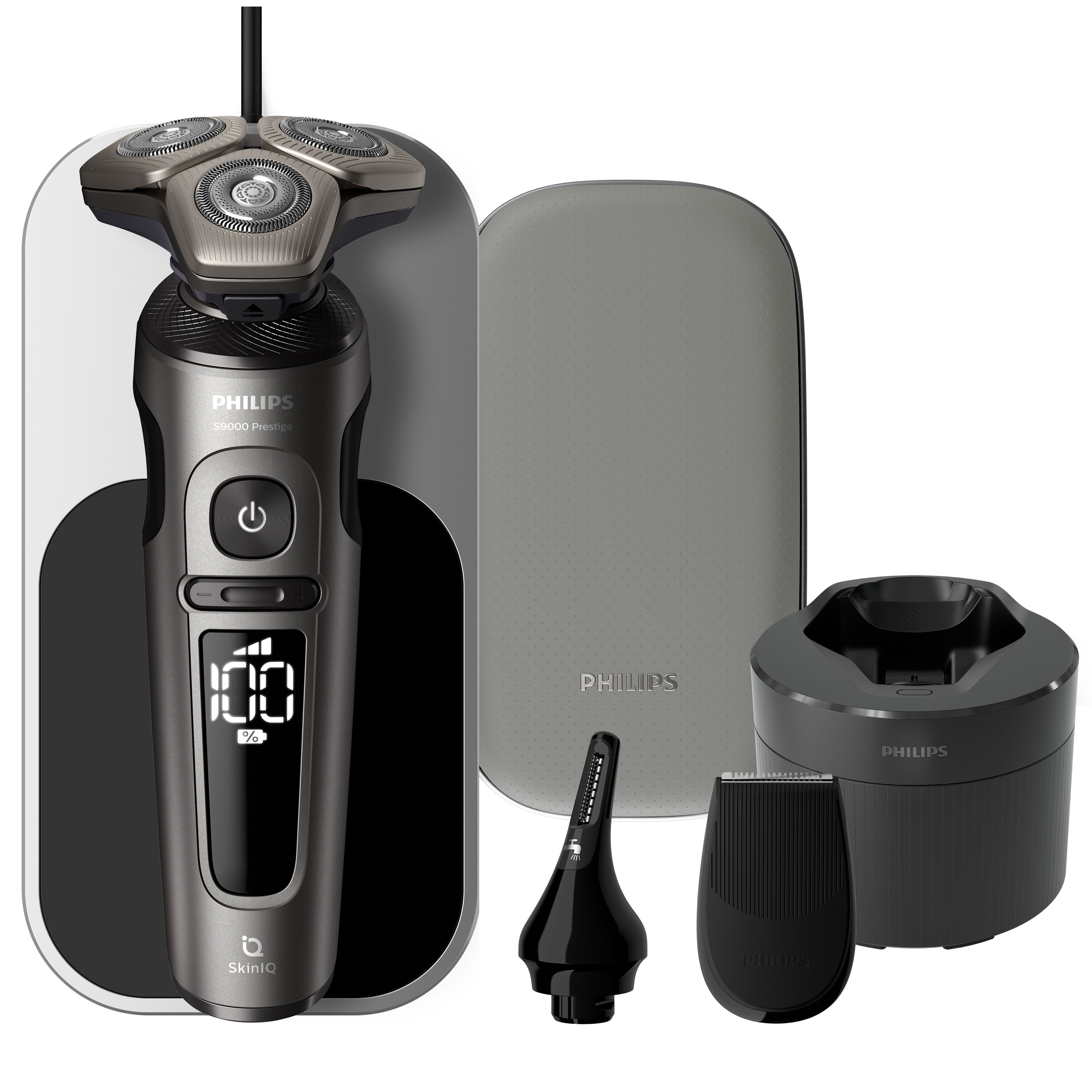 Afeitadora Philips S9000 Prestige, base de carga, estuche y accesorios. Gris con negro.
