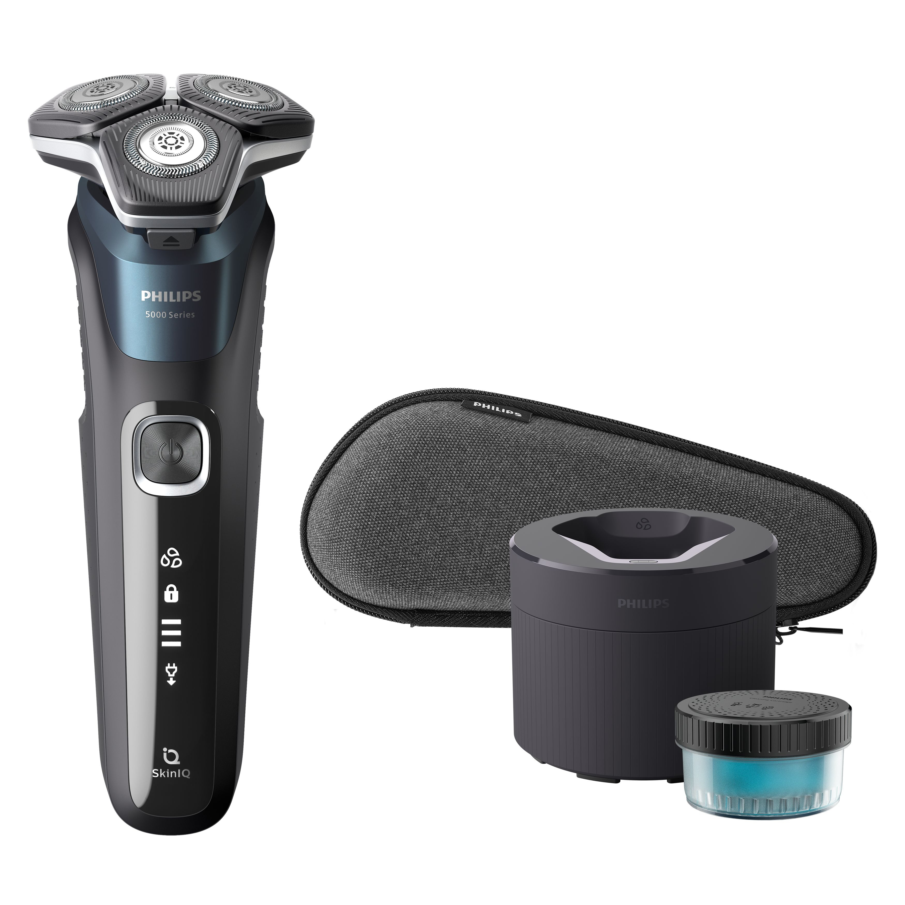Philips Rasierer der 5000er Serie mit Zubehör. Weißer Hintergrund.