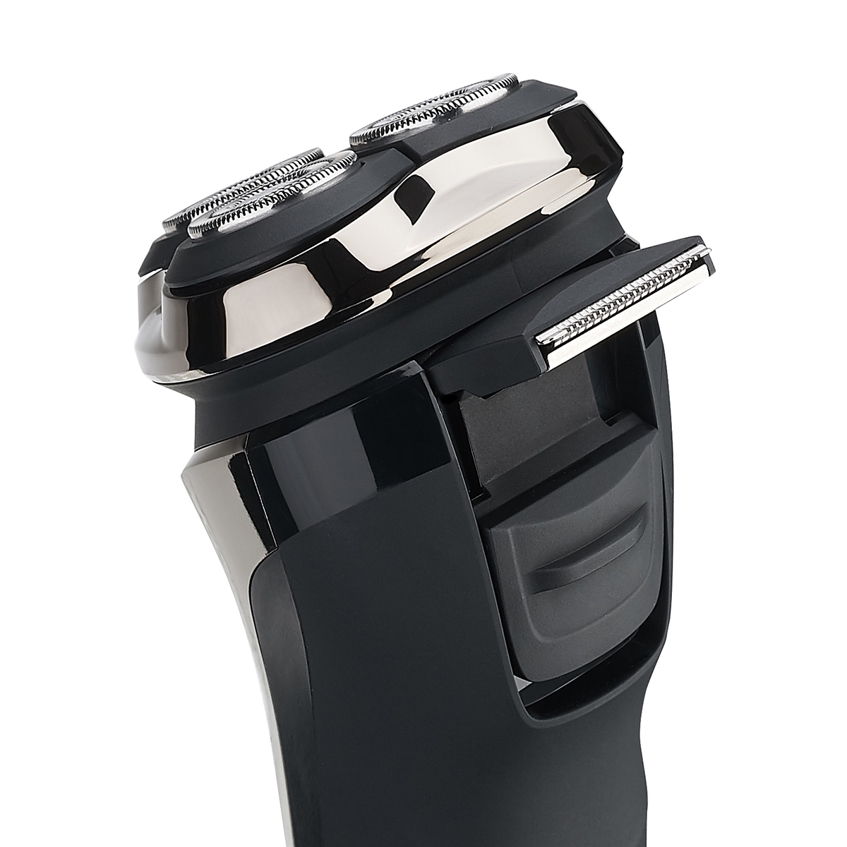 Zbliżenie na czarno-srebrną golarkę elektryczną z trzema obrotowymi głowicami.