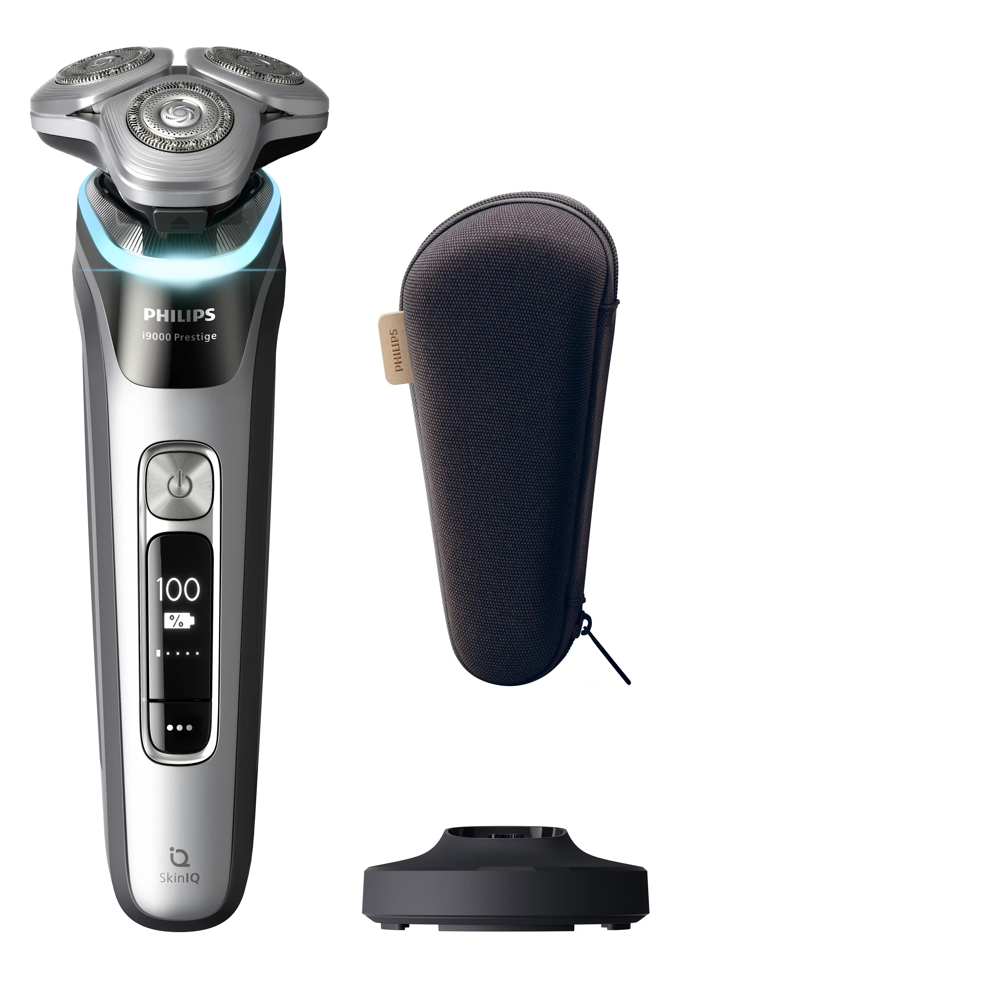 Golarka Philips Series 5000 Prestige z akcesoriami, w tym stacją ładującą i etui.