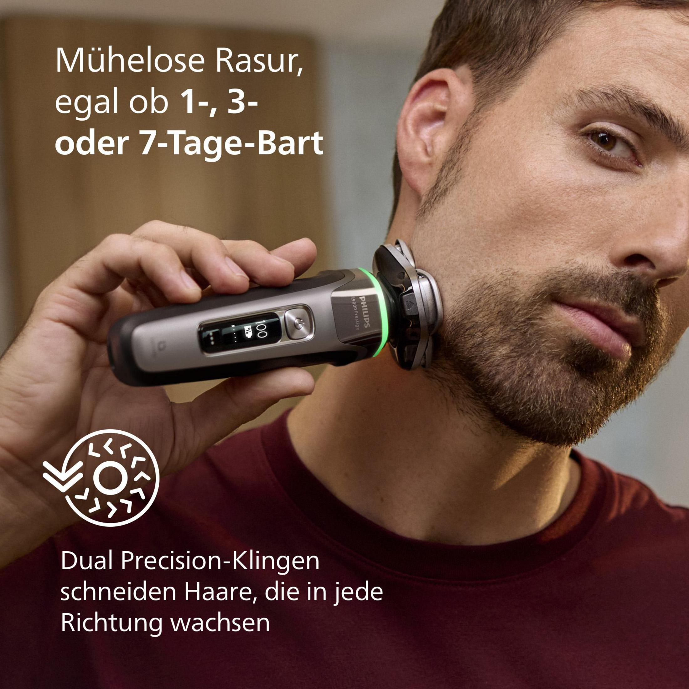 Mężczyzna goli się golarką Philips, tekst marketingowy o goleniu.