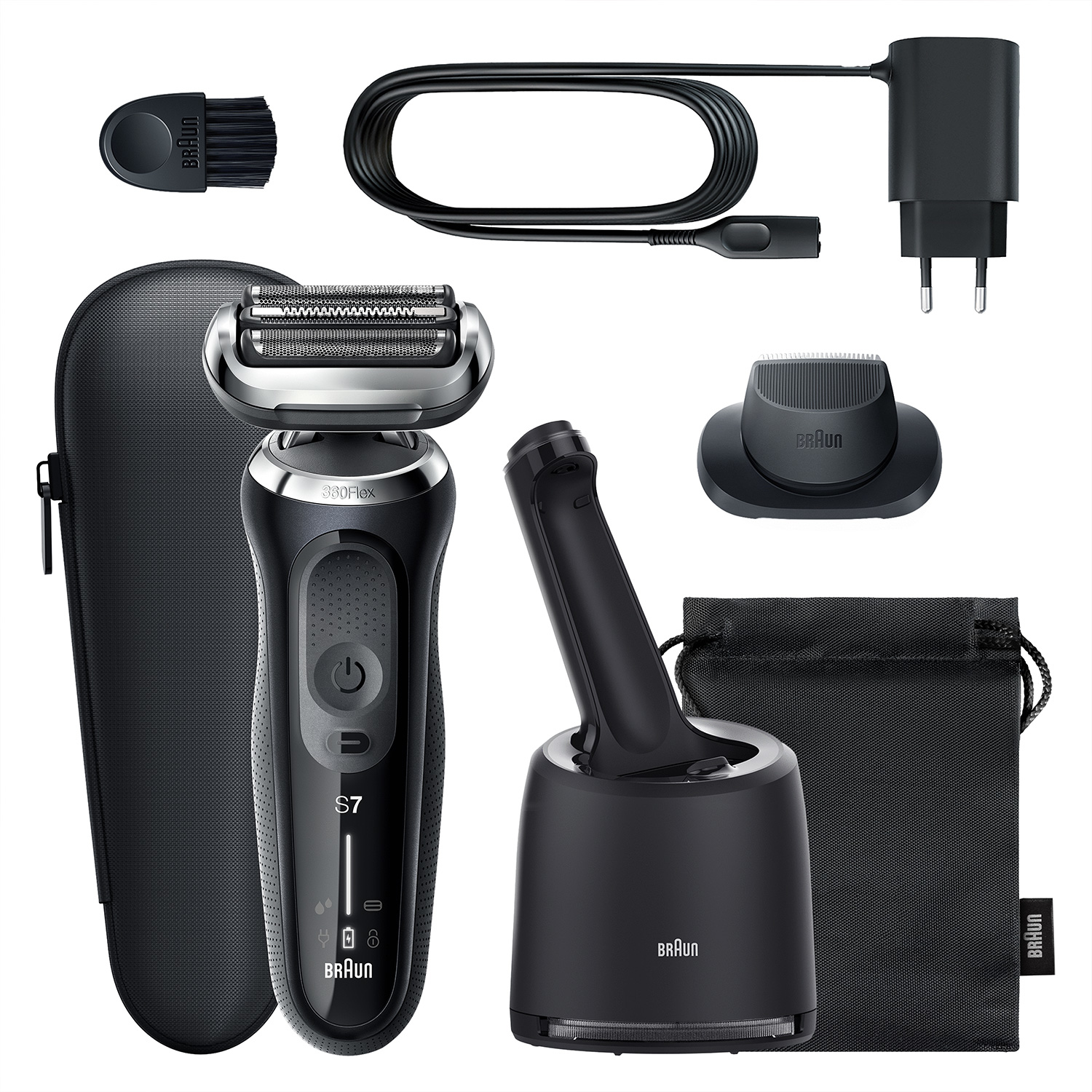 Braun Series 7 tıraş makinesi ve aksesuarları. Şarj standı, düzeltici ve kılıf içerir.