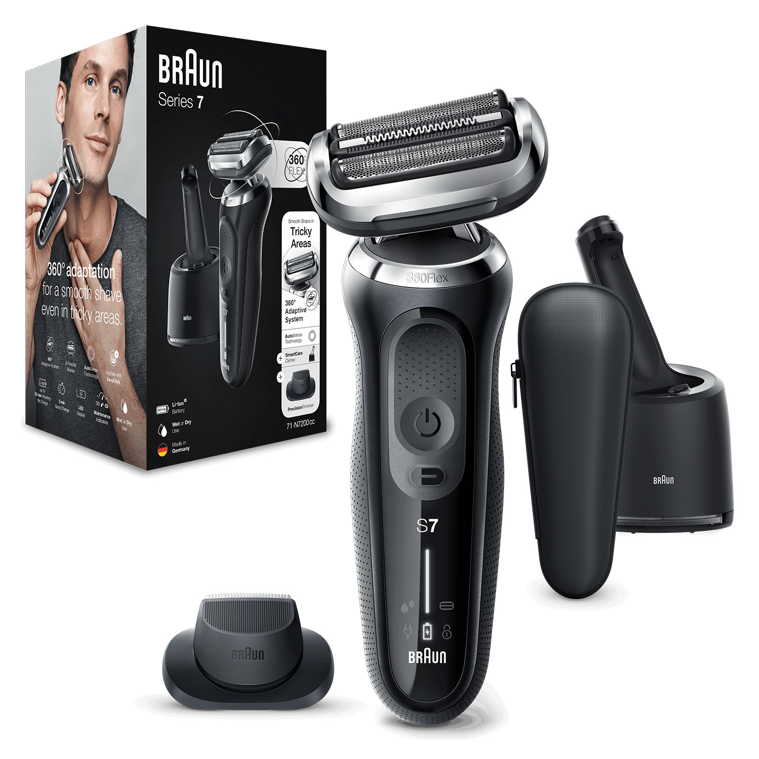 Braun Series 7 tıraş makinesi, aksesuarlar ve kutu ile beyaz arka plan üzerinde.