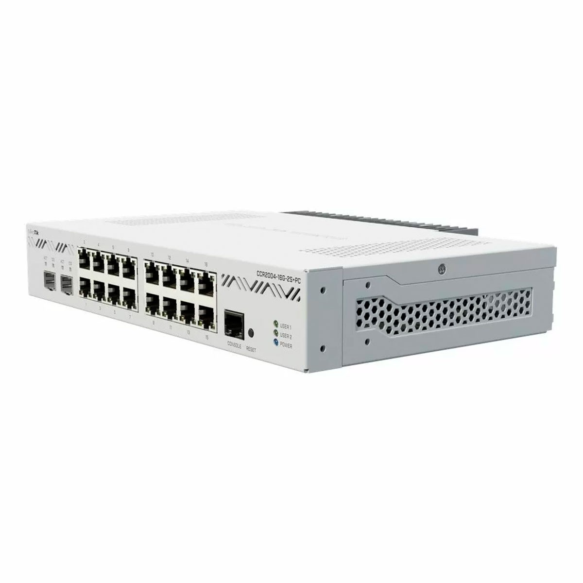 Switch di rete bianco con più porte. Ha una console, un pulsante di ripristino e spie di alimentazione. Isolato su sfondo bianco.
