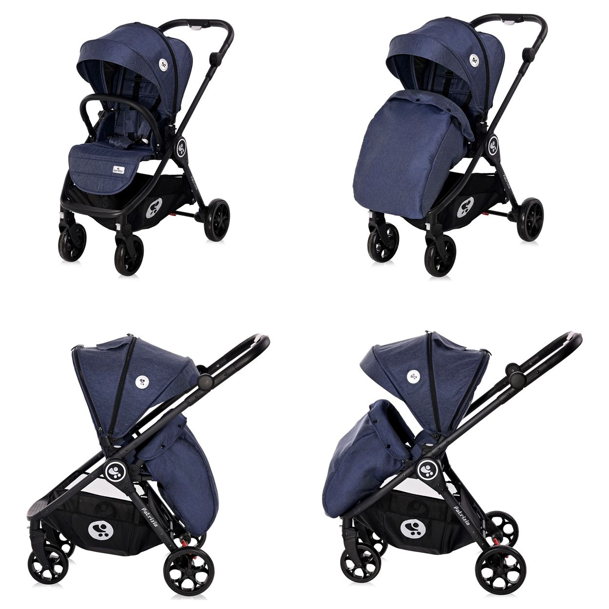 Vier Ansichten eines blauen Kinderwagens mit schwarzem Rahmen, Rädern und einem Aufbewahrungskorb. Der Kinderwagen hat verschiedene Konfigurationen.