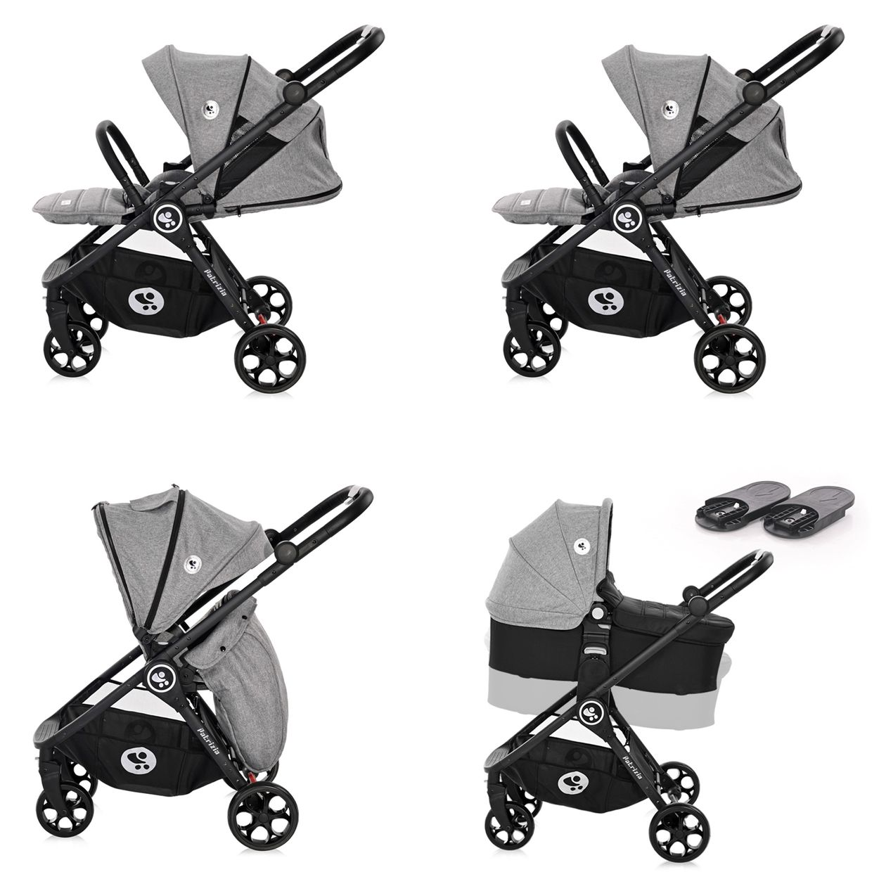 Ein grauer Kinderwagen mit schwarzen Akzenten, der in mehreren Positionen gezeigt wird. Enthält ein Verdeck, einen verstellbaren Griff und einen Ablagekorb.