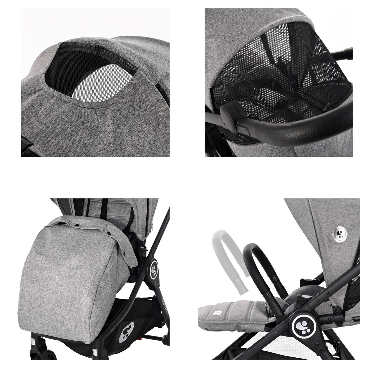 Details eines grauen Kinderwagens, die das Verdeck, den Griff und den Sitz zeigen. Enthält ein Netzfenster und einen verstellbaren Griff.