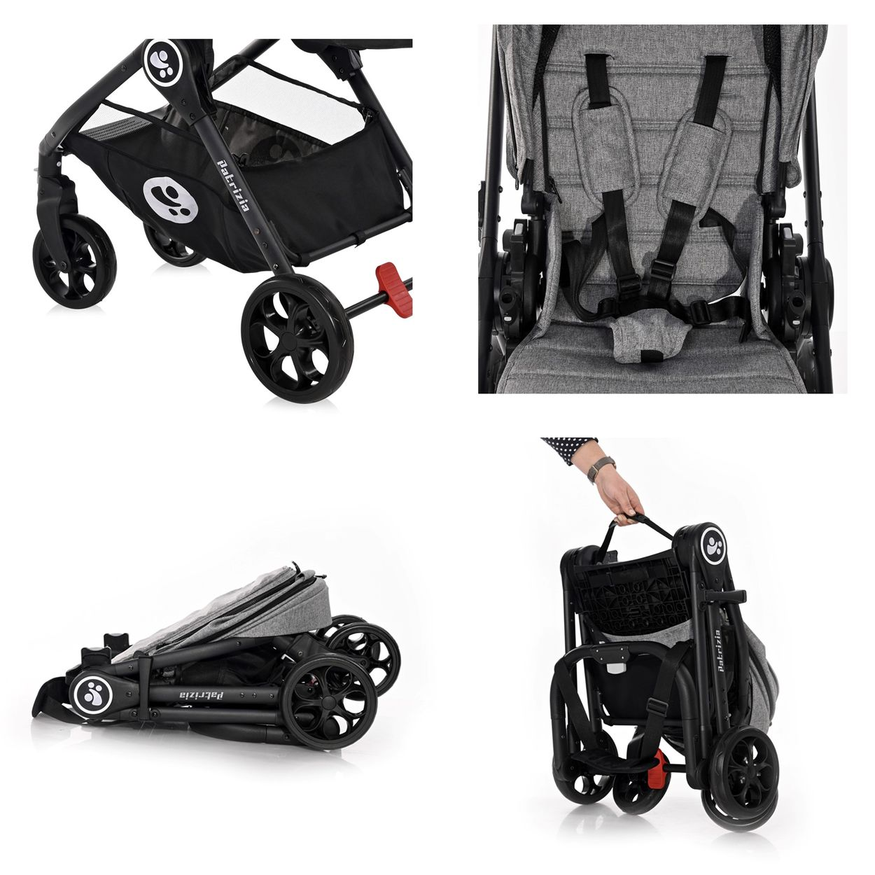 Ein schwarzer und grauer Kinderwagen, der in verschiedenen Ansichten gezeigt wird, einschließlich gefaltet und mit detailliertem Sitz und Rädern.