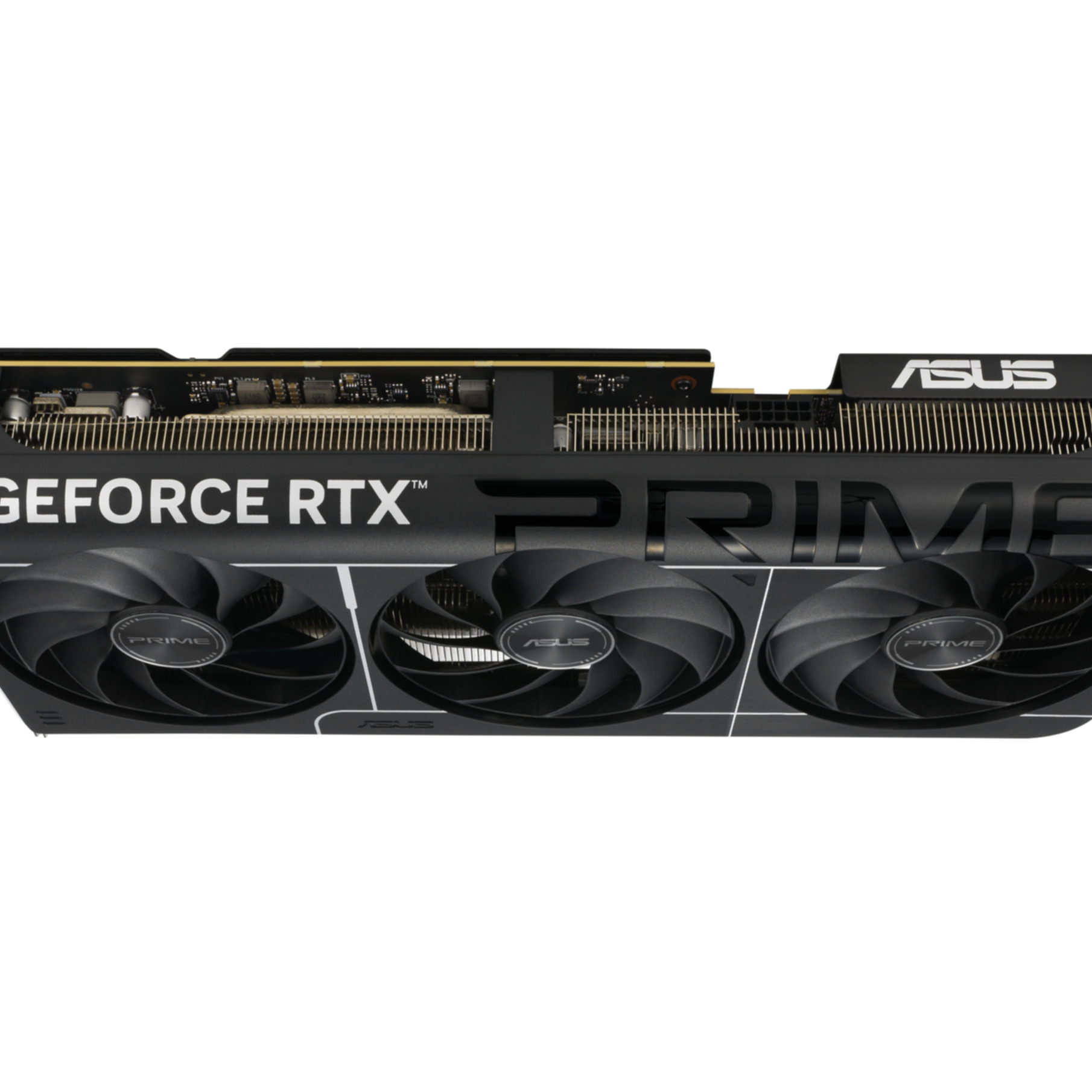 Zbliżenie czarno-szarej karty graficznej ASUS GeForce RTX z trzema wentylatorami, widoczny tekst PRIME.