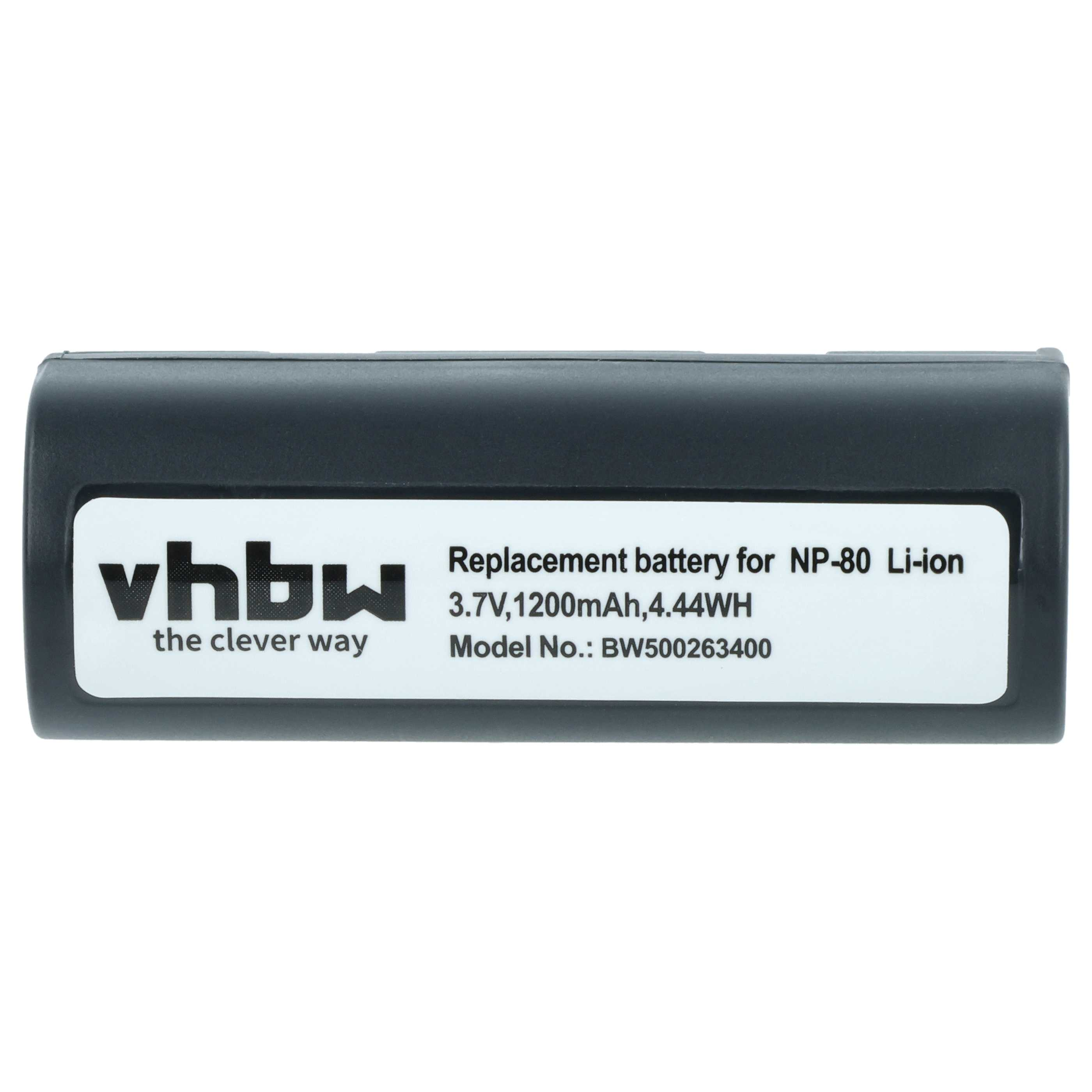 Schwarzer Akku mit weißem Etikett. Auf dem Etikett steht 'vbhw' und 'Replacement battery for NP-80 Li-ion'. Isoliert auf weißem Hintergrund.