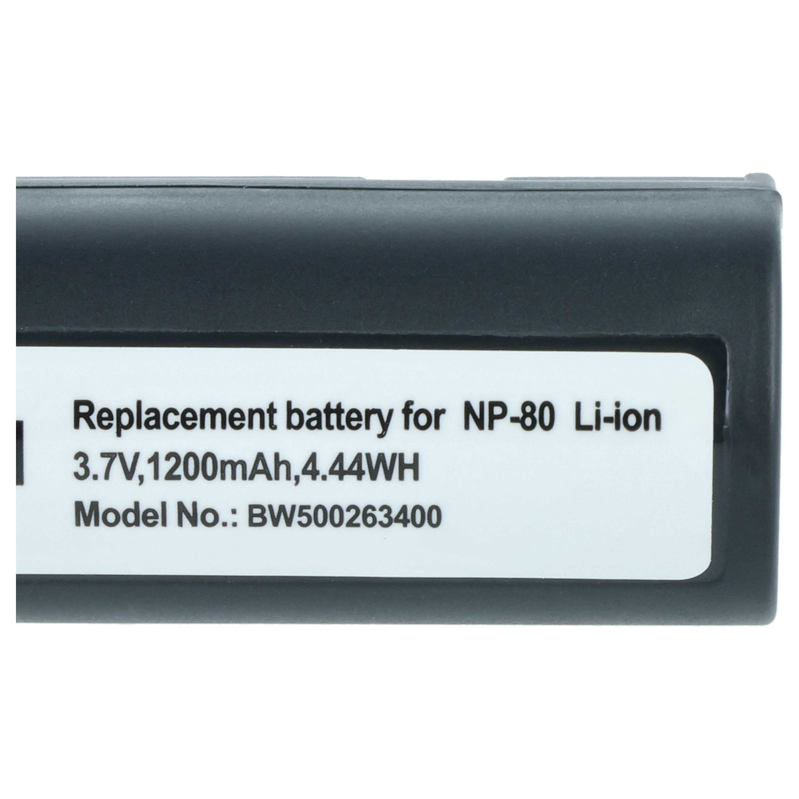 Nahaufnahme eines schwarzen Akkus mit weißem Etikett. Auf dem Etikett steht 'Replacement battery for NP-80 Li-ion'. Weißer Hintergrund.