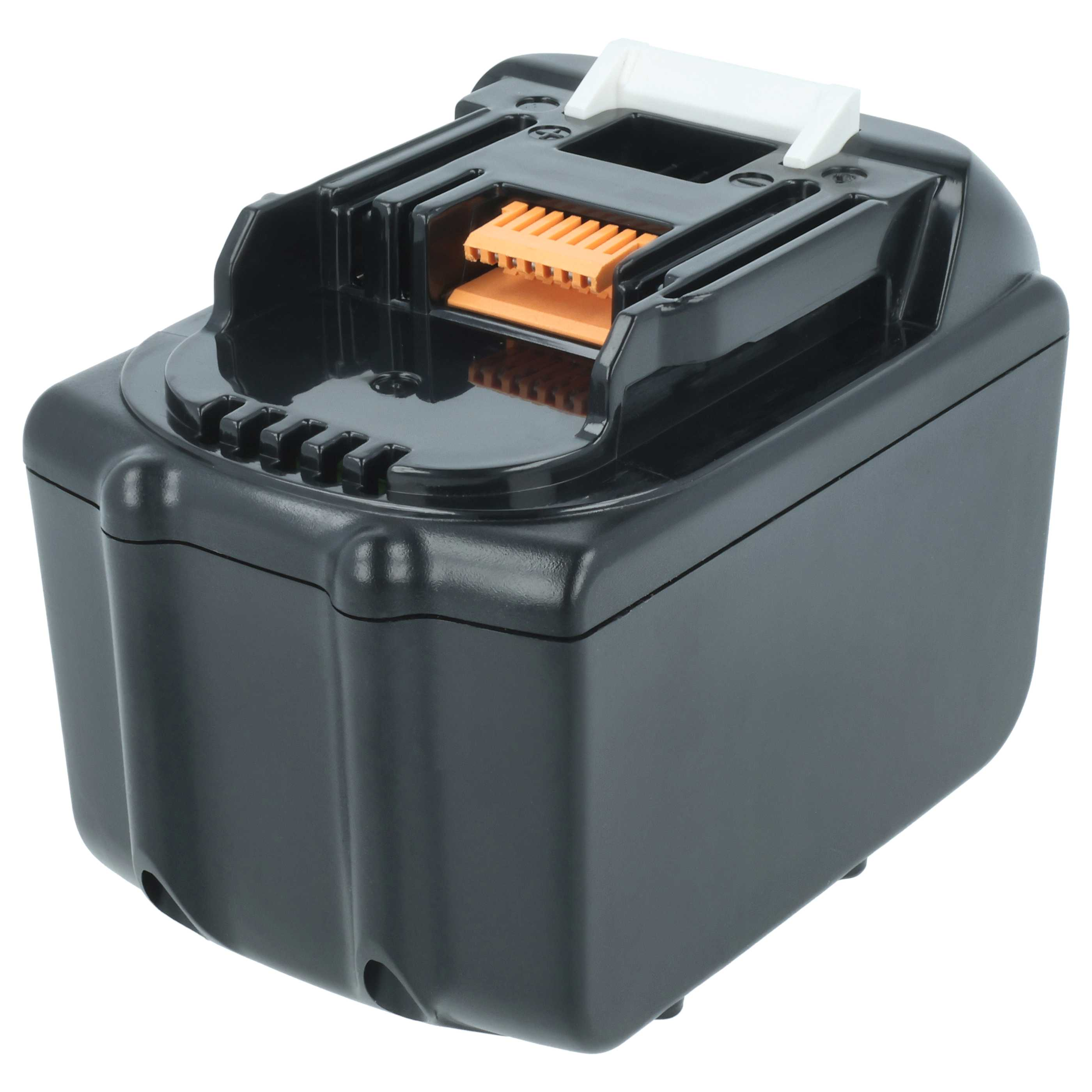 Schräge Ansicht eines schwarzen Akkus. Oranger Stecker sichtbar. Weißer Entriegelungsknopf. Isoliert auf weißem Hintergrund.