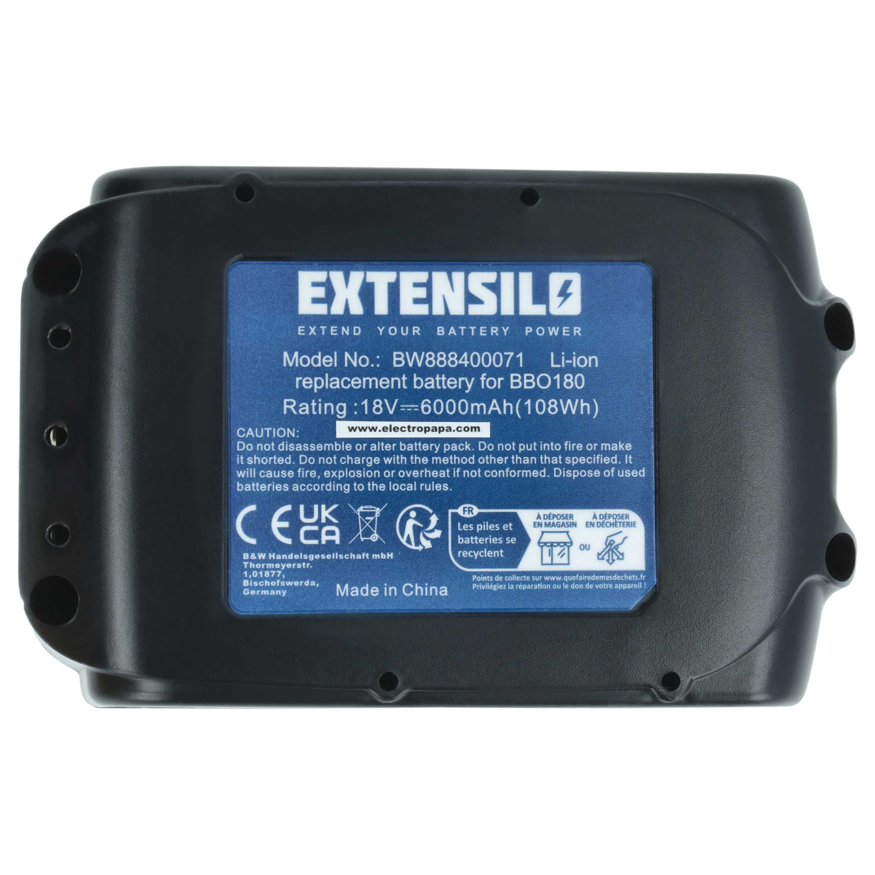 Schwarzer Akku mit weißem Text. Aufschrift: EXTENSILO, 18V, 6000mAh. Hergestellt in China. Isoliert auf weißem Hintergrund.