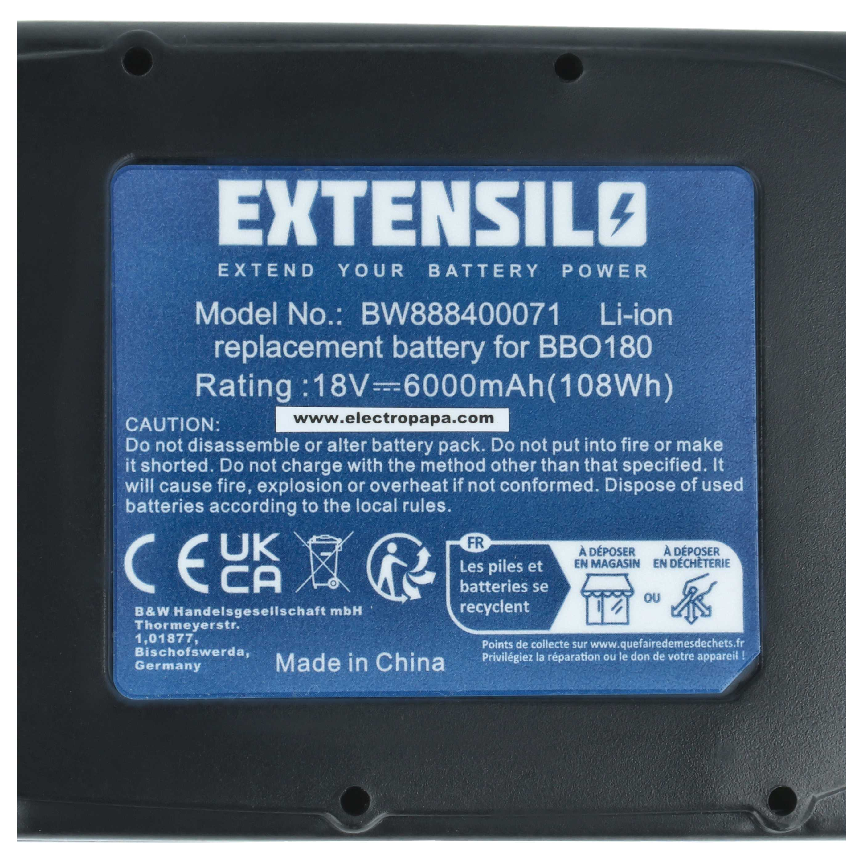 Nahaufnahme des Batterieetiketts mit Text: EXTENSIL, Modell-Nr., 18V, 6000mAh. Sicherheitssymbole und Recycling-Infos sichtbar.