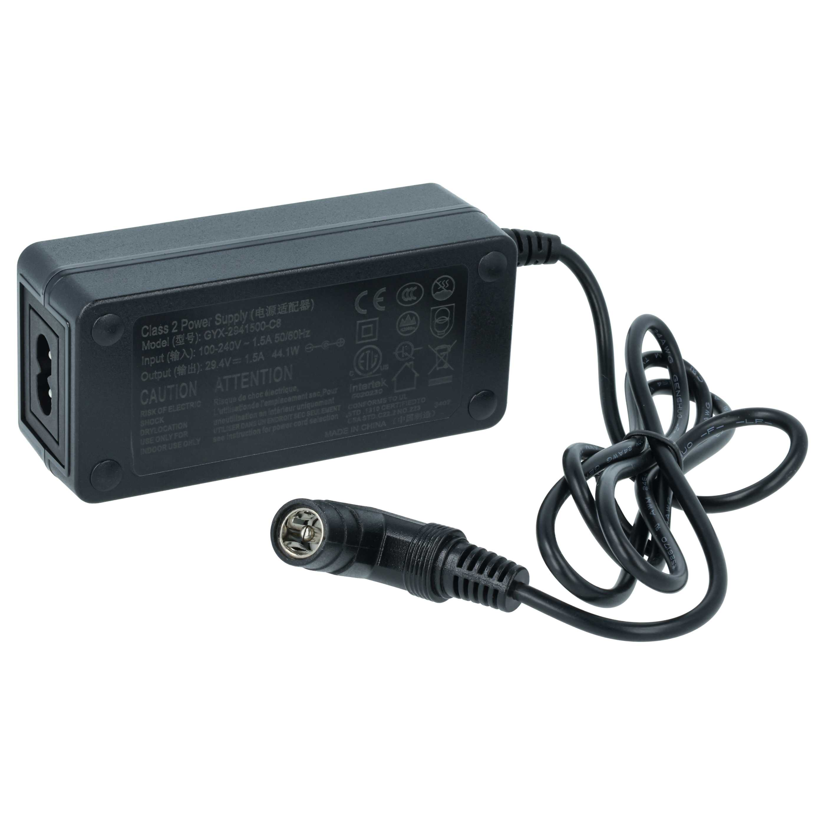 Ein schwarzes Netzteil mit schwarzem Kabel. Das Netzteil hat einen Stecker und einen runden Anschluss am Kabelende.