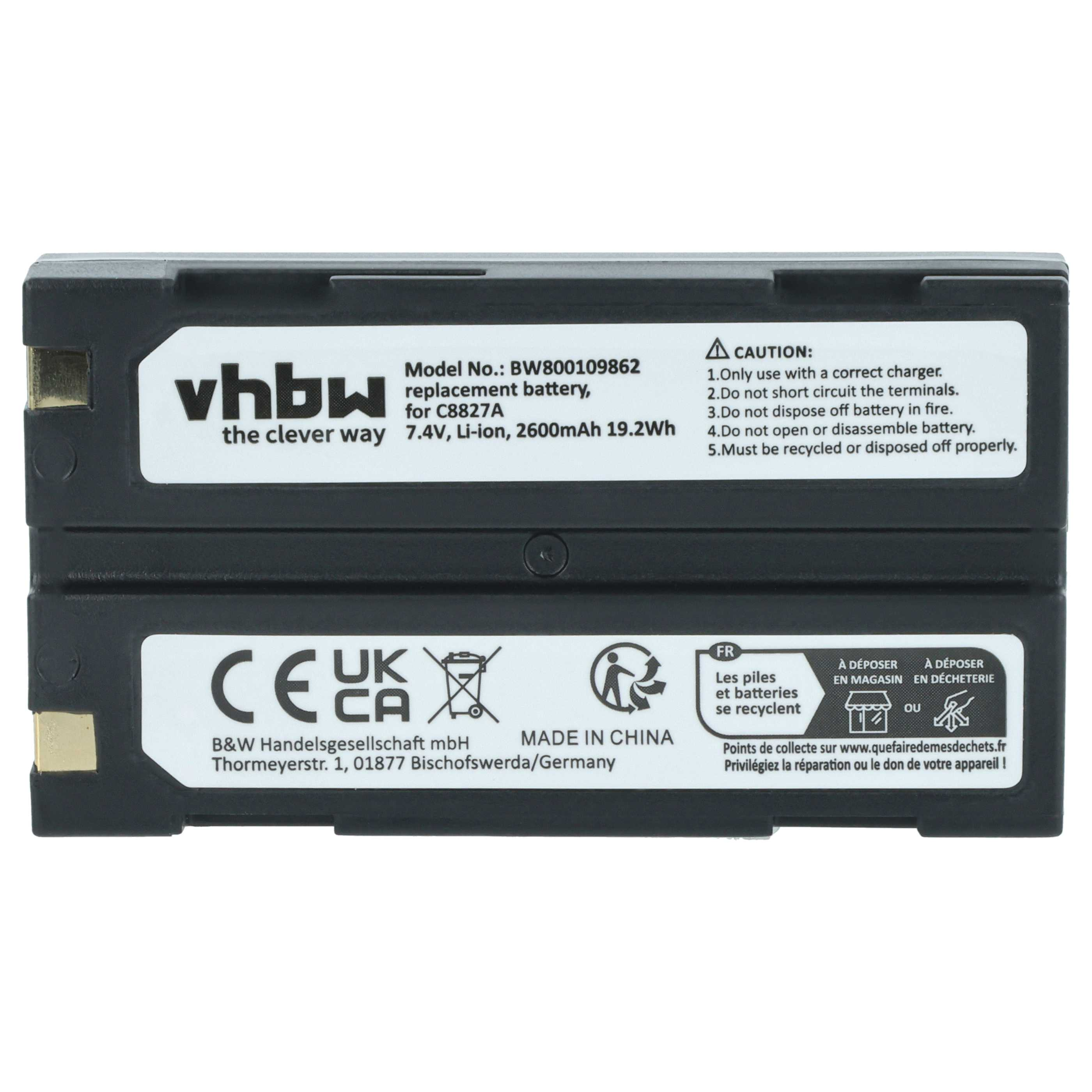 Eine schwarze Batterie mit weißem Etikett. Das Etikett enthält Text, einschließlich der Marke vhbw. Außerdem Warnhinweise.