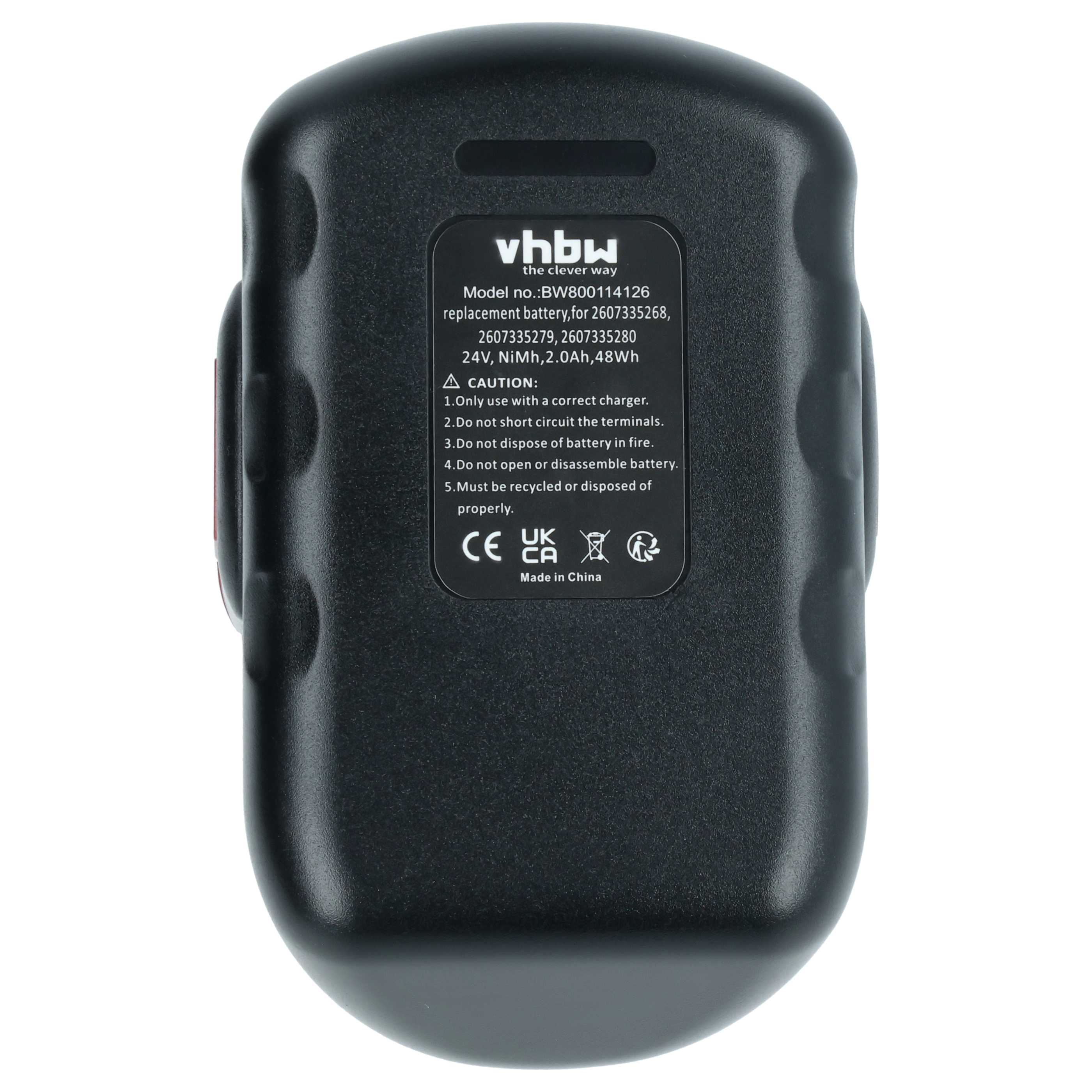 Eine schwarze Batterie mit weißem Etikett. Das Etikett enthält Text, einschließlich der Marke vhbw. Außerdem Warnhinweise.