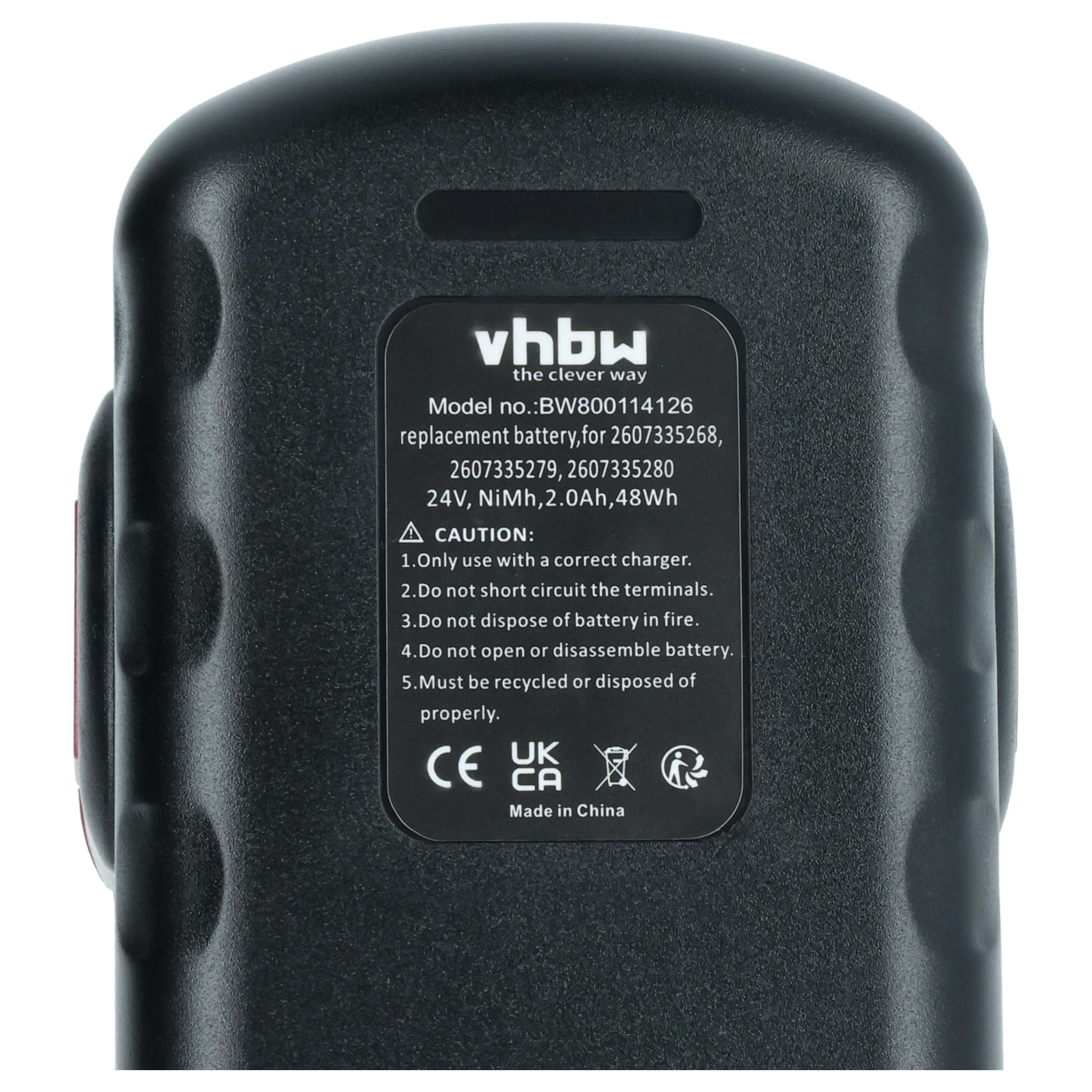 Eine weiße Batterie mit schwarzem Gehäuse. Das Etikett hat Text. Die Batterie ist für ein bestimmtes Produkt.