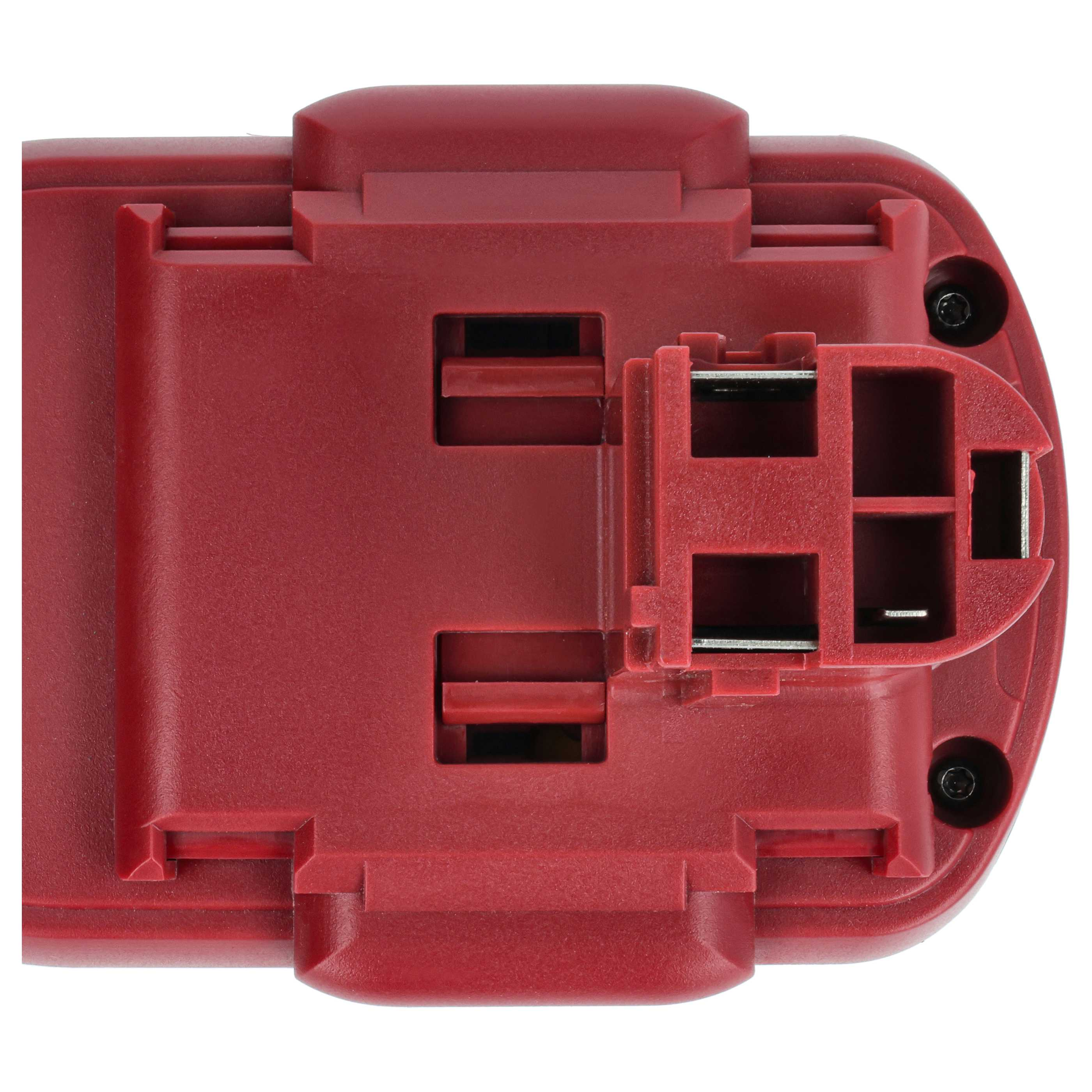 Ein roter Aufsatz mit schwarzer Basis. Der obere Teil hat Metallzinken. Auf jeder Seite befinden sich zwei Löcher.