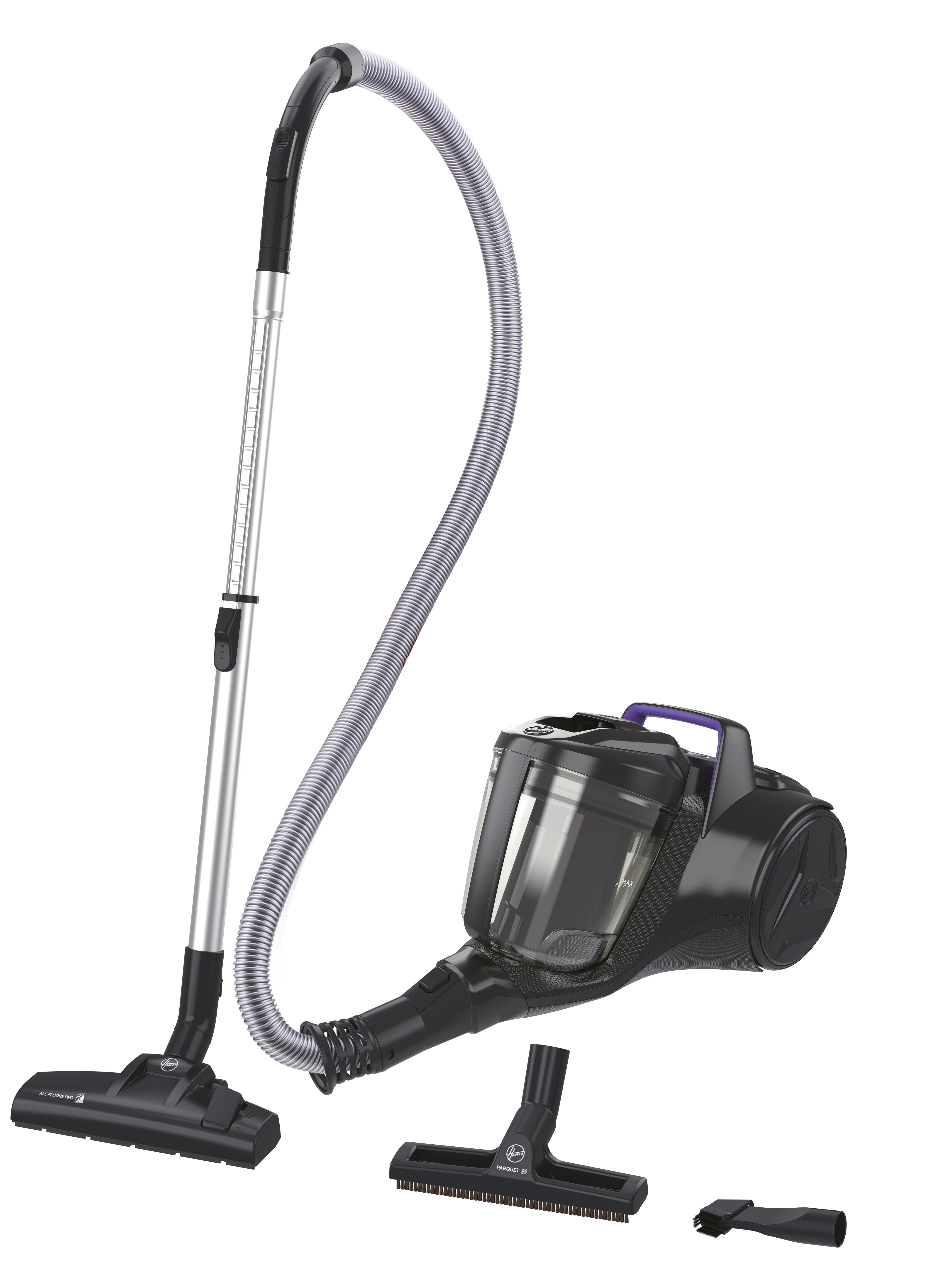 Czarny i srebrny odkurzacz i akcesoria na białym tle. Odkurzacz jest na środku, z akcesoriami poniżej.