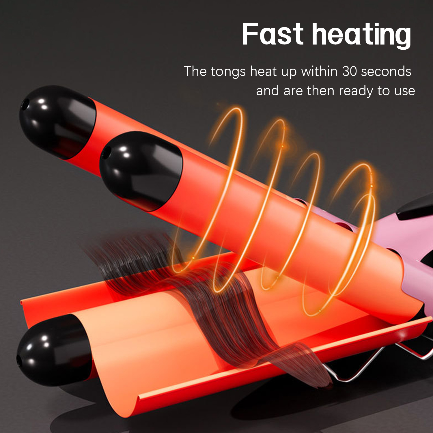 Krultang met tekst. Zegt 'Snel opwarmen' en 'klaar voor gebruik'. Oranje en zwarte krultang, zwart haar.