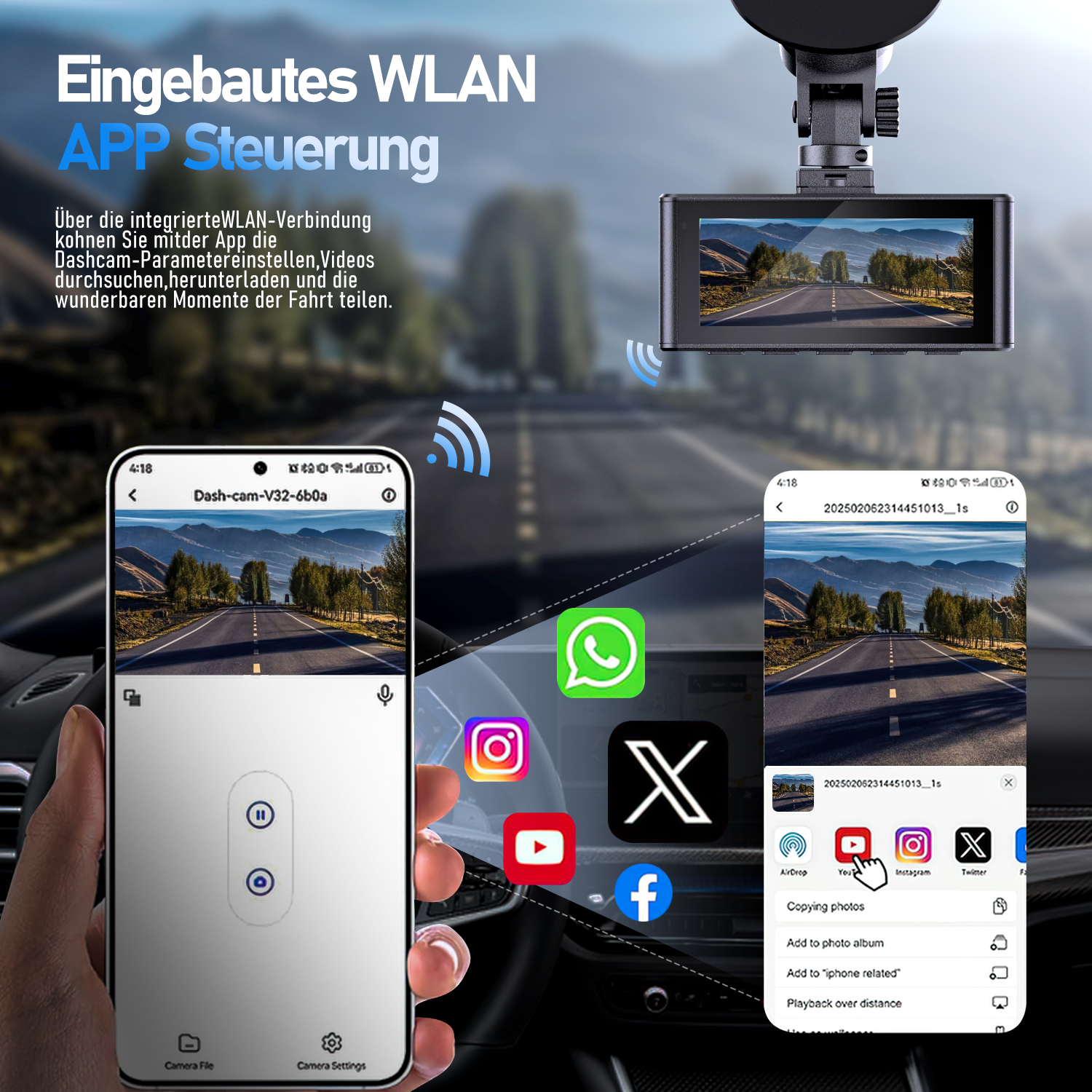 Smartphone zeigt App-Oberfläche, mit Auto-Dashcam und App-Symbolen. Text: Eingebautes WLAN, APP Steuerung.