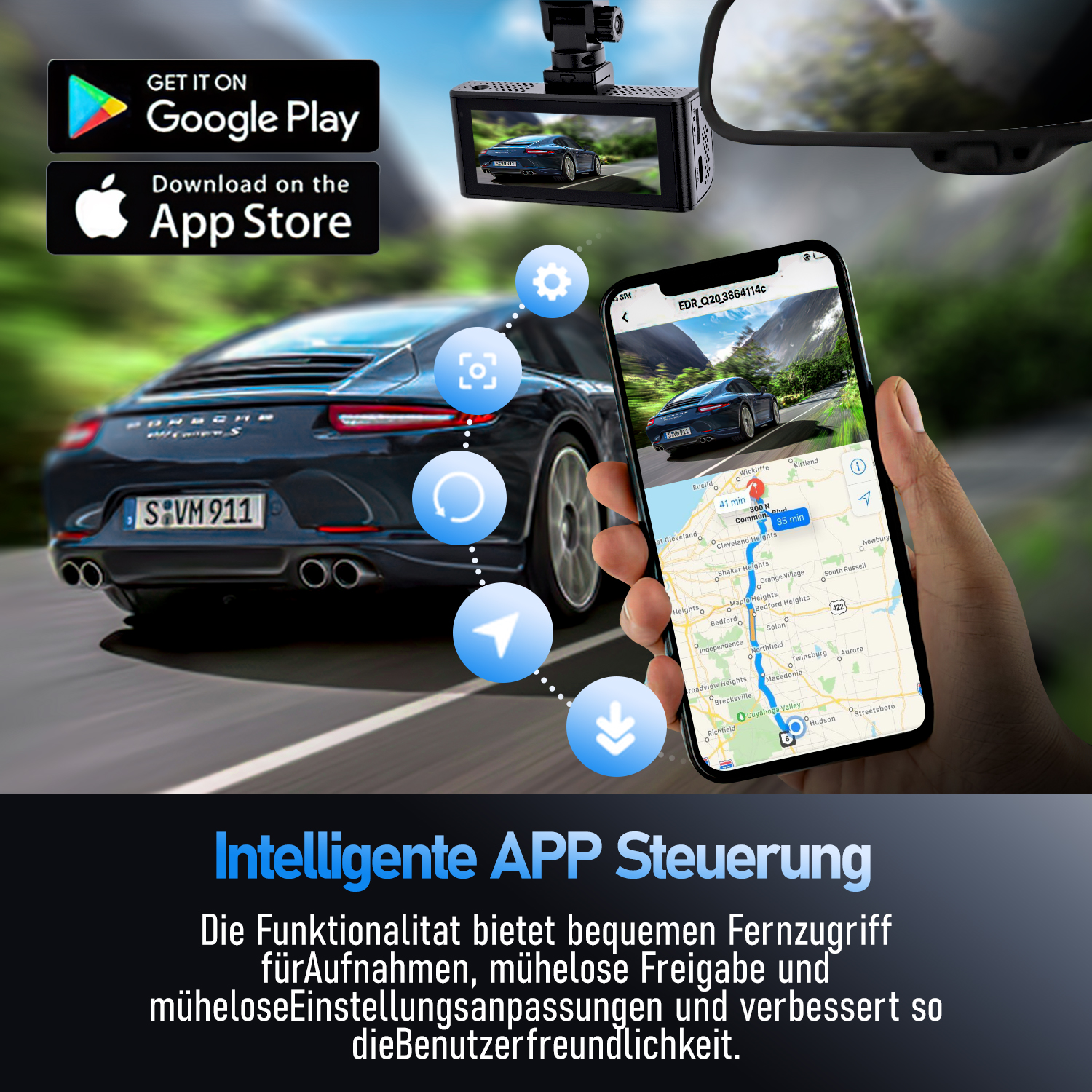 Bild eines Telefons mit einer Auto-Navigations-App und Symbolen für verschiedene Funktionen.