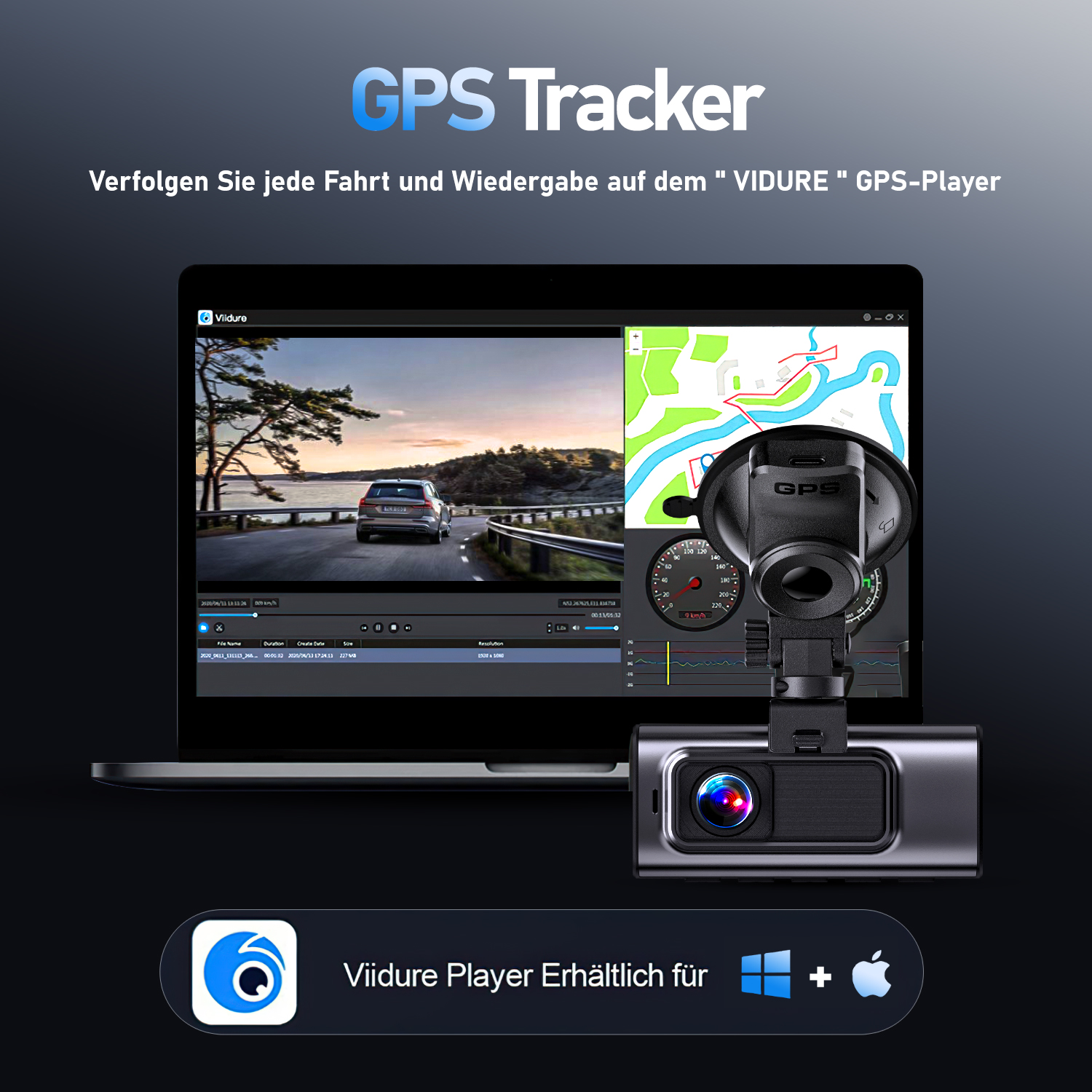 Laptop mit GPS-Tracker-Oberfläche, Auto-Dashcam und App-Symbolen. Text: GPS-Tracker, Viidure Player.